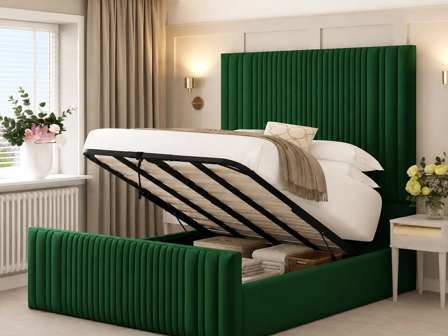 Aspire Upholstered Bed Frame Ottoman Gas Lift Storage with 70" Headboard (Green) - 120 x 190 cm