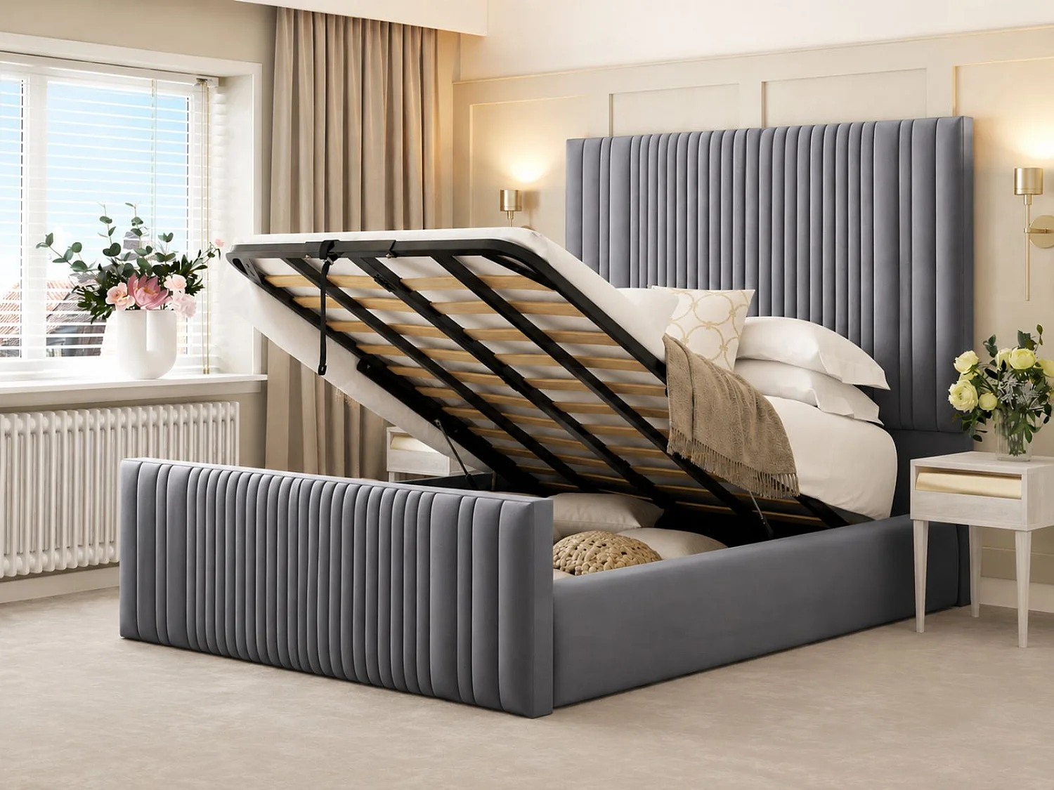 Aspire Upholstered Bed Frame Ottoman Gas Lift Storage with 70" Headboard (Silver) - 135 x 190 cm