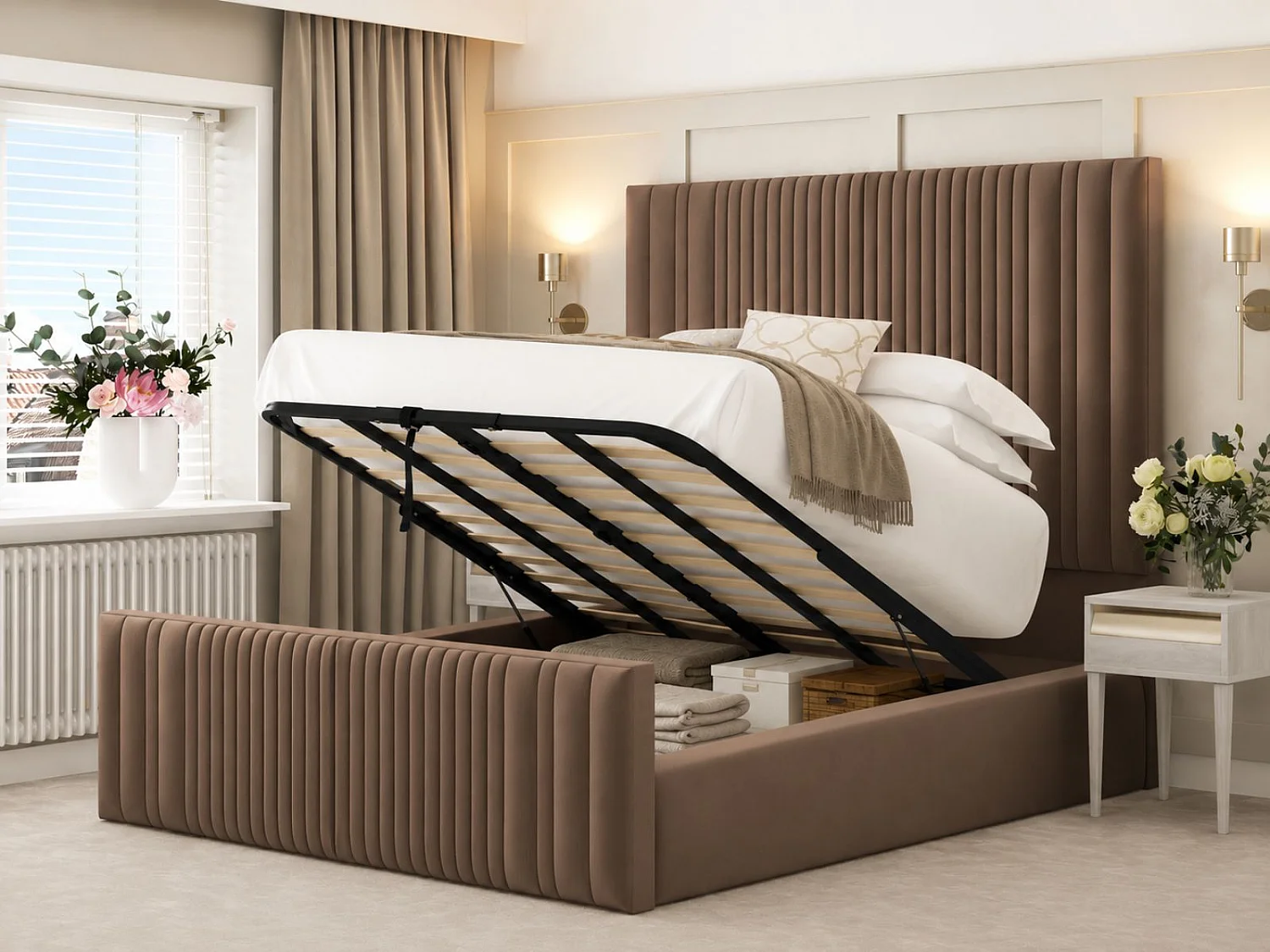 Aspire Upholstered Bed Frame Ottoman Gas Lift Storage with 70" Headboard (Taupe) - 120 x 190 cm