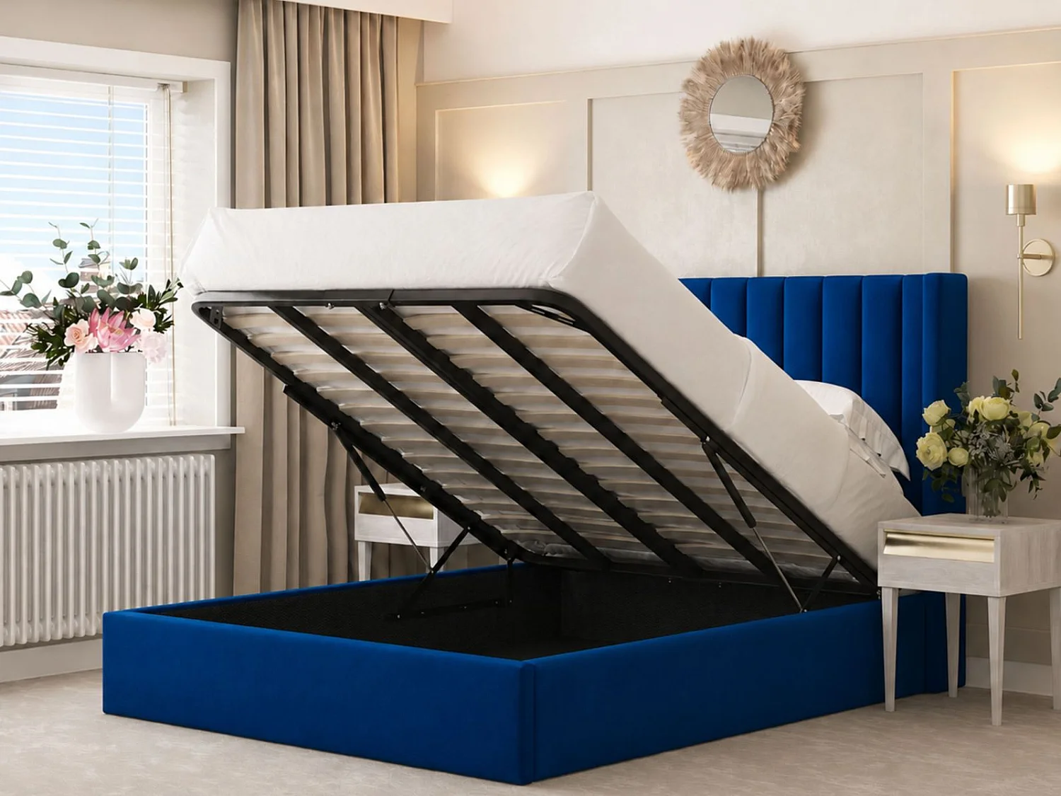 Madison Upholstered Bed Frame with 54" Metal Ottoman Gas Lift (Blue) - 180 x 200 cm