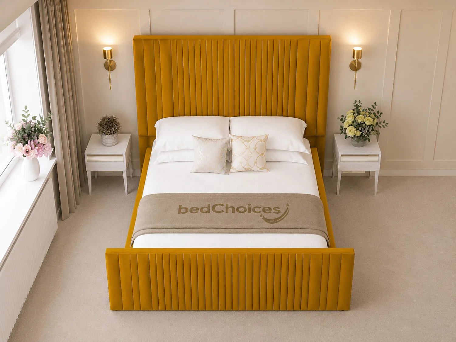 Aspire Upholstered Bed Frame Ottoman Gas Lift Storage with 70" Headboard (Mustard) - 120 x 190 cm
