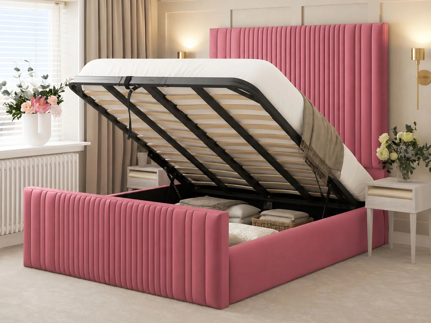 Aspire Upholstered Bed Frame Ottoman Gas Lift Storage with 70" Headboard (Pink) - 135 x 190 cm
