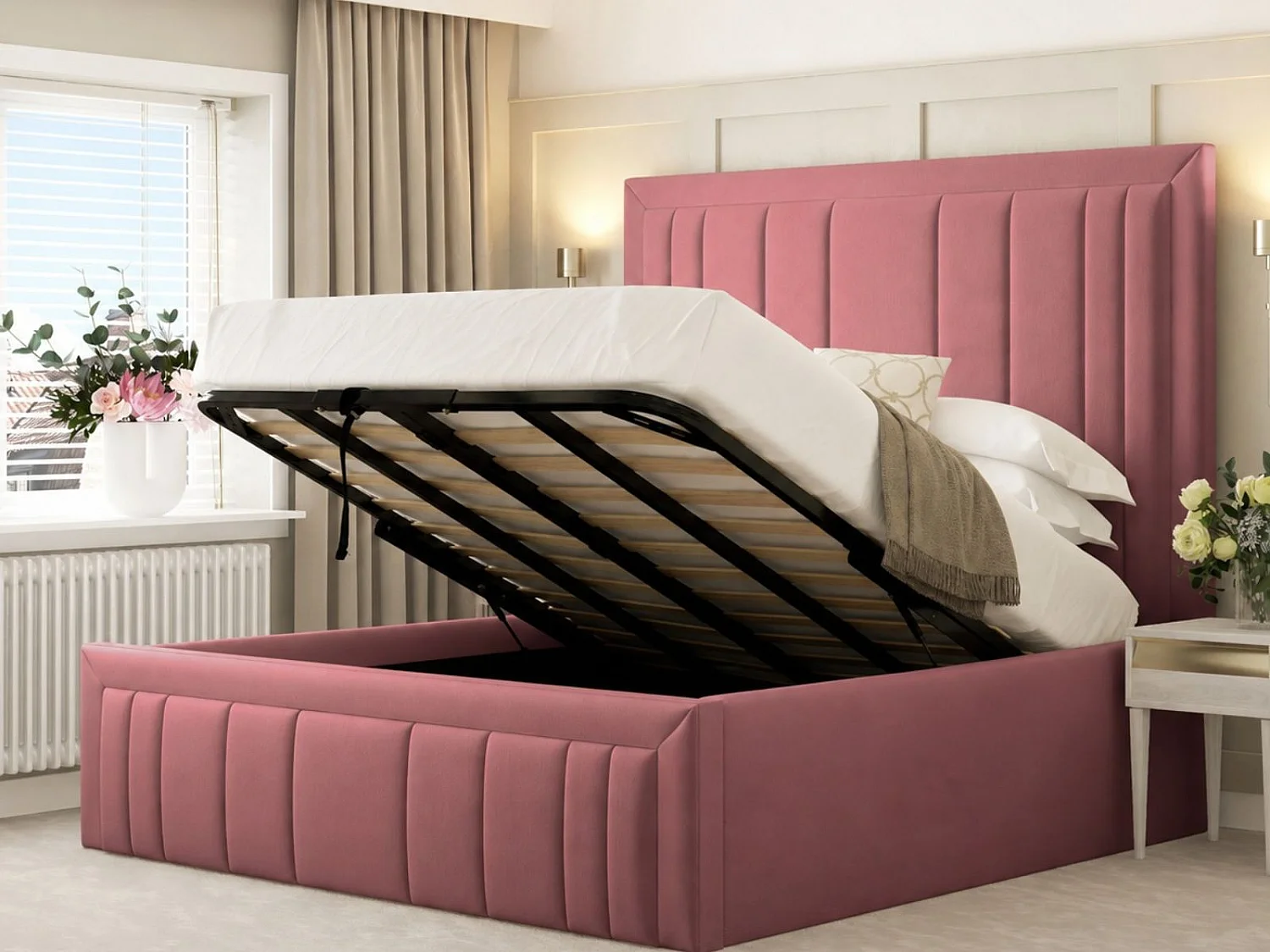 Emperor Upholstered Bed Frame with 54" Headboard & Ottoman Storage (Mattress not included) (Pink) - 135 x 190 cm