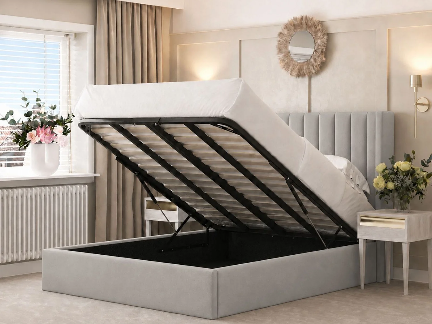 Madison Upholstered Bed Frame with 54" Metal Ottoman Gas Lift (Silver) - 135 x 190 cm