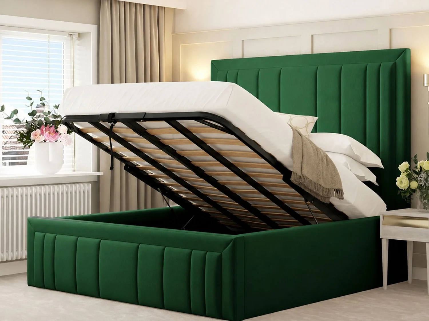 Emperor Upholstered Bed Frame with 54" Headboard & Ottoman Storage (Mattress not included) (Green) - 135 x 190 cm