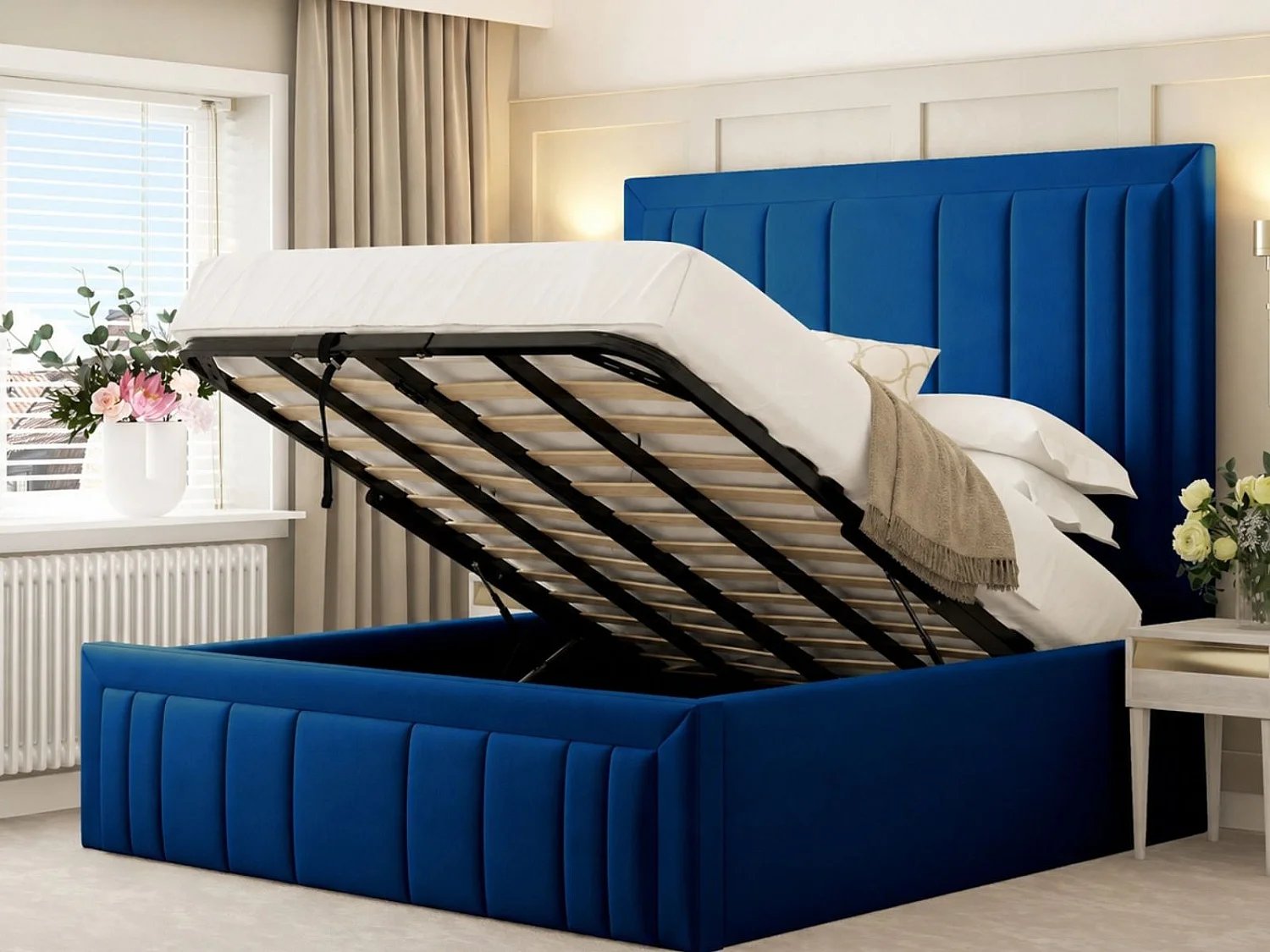 Emperor Upholstered Bed Frame with 54" Headboard & Ottoman Storage (Mattress not included) (Blue) - 150 x 200 cm