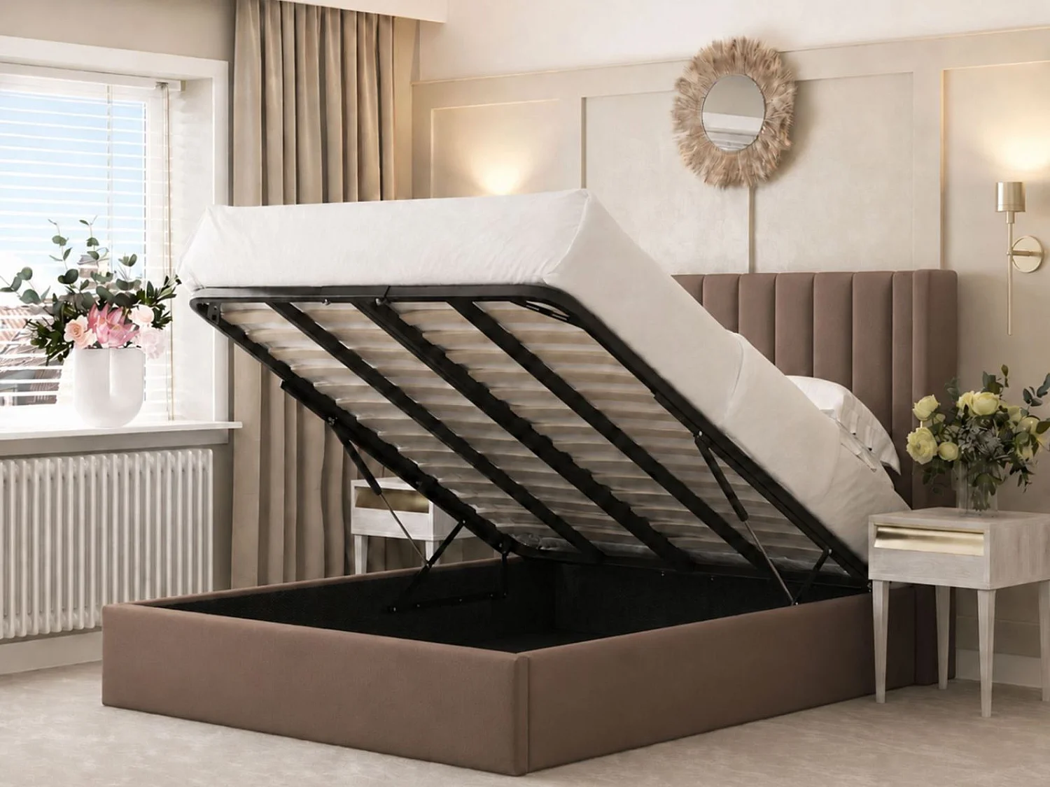 Madison Upholstered Bed Frame with 54" Metal Ottoman Gas Lift (Taupe) - 90 x 190 cm