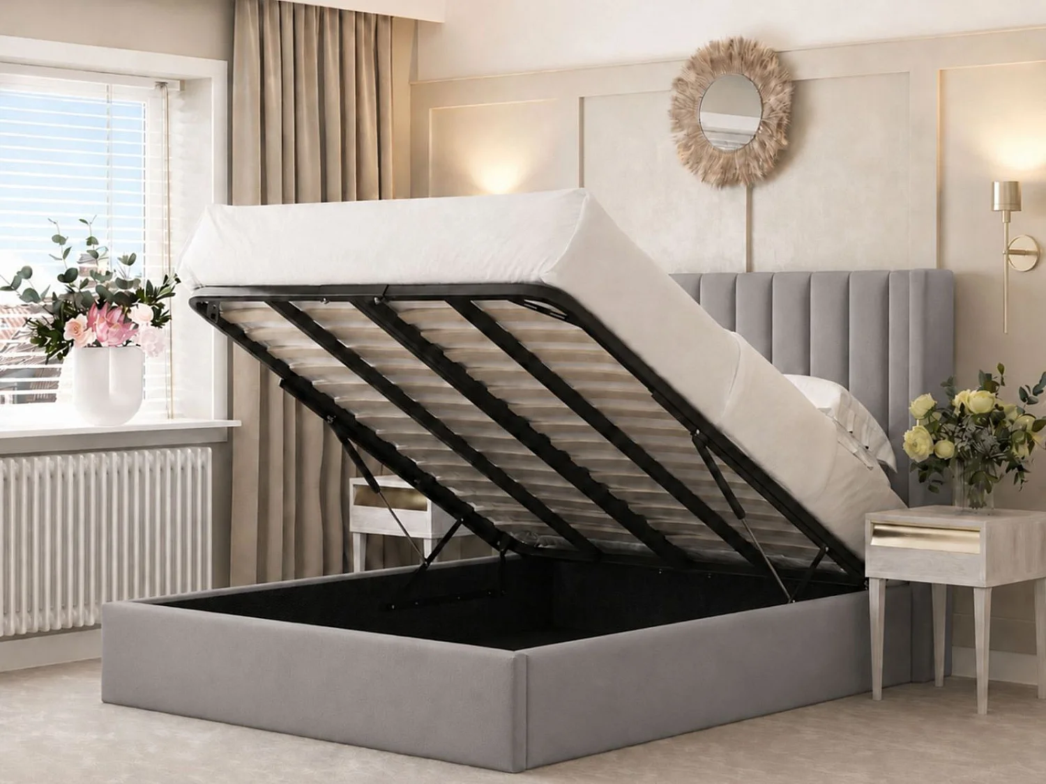 Madison Upholstered Bed Frame with 54" Metal Ottoman Gas Lift (Dark Grey) - 120 x 190 cm