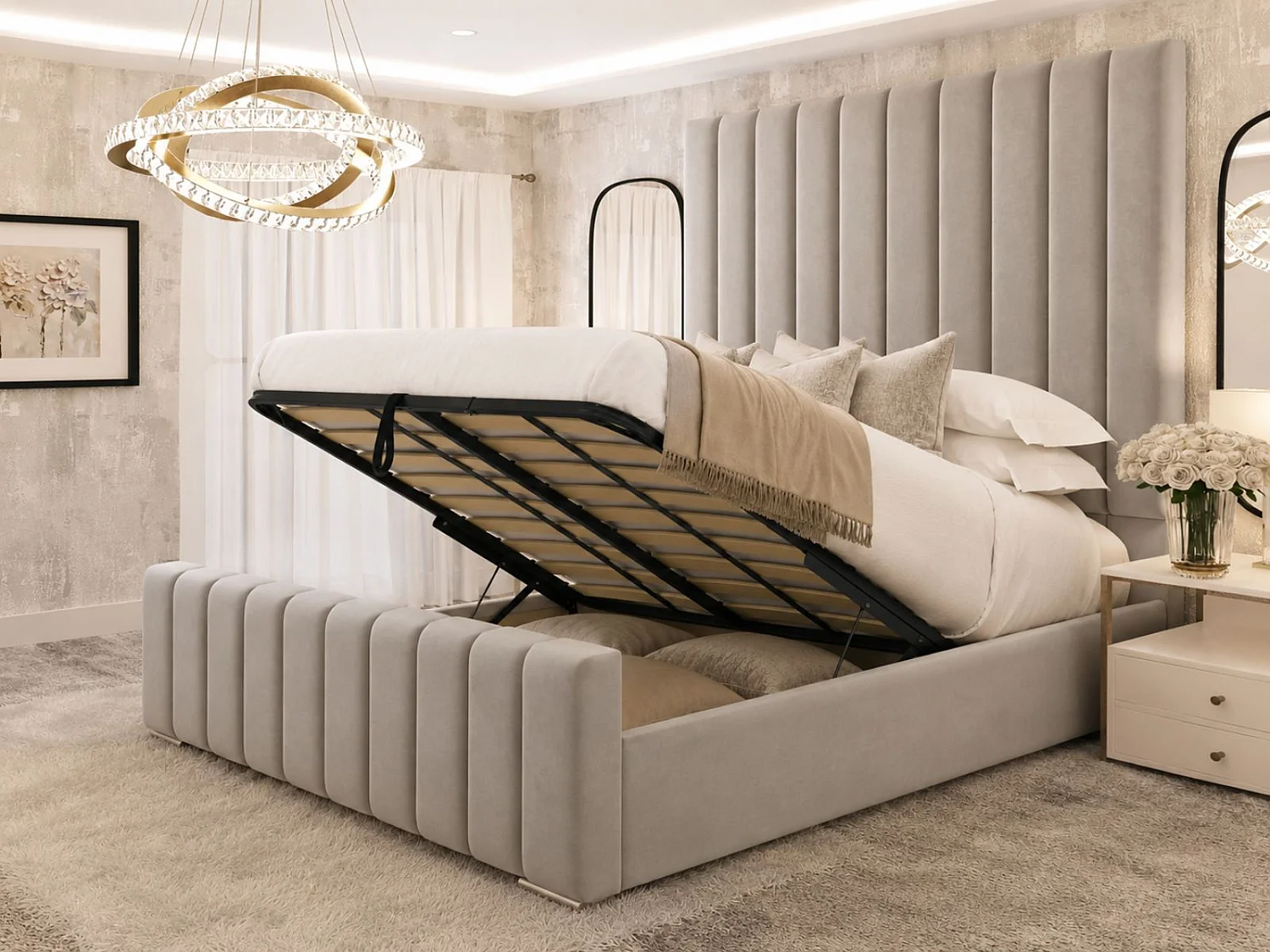 Kensington Upholstered Luxury Panelled Ottoman 70" Bed Frame with Gas Lift Storage (Silver) - 120 x 190 cm