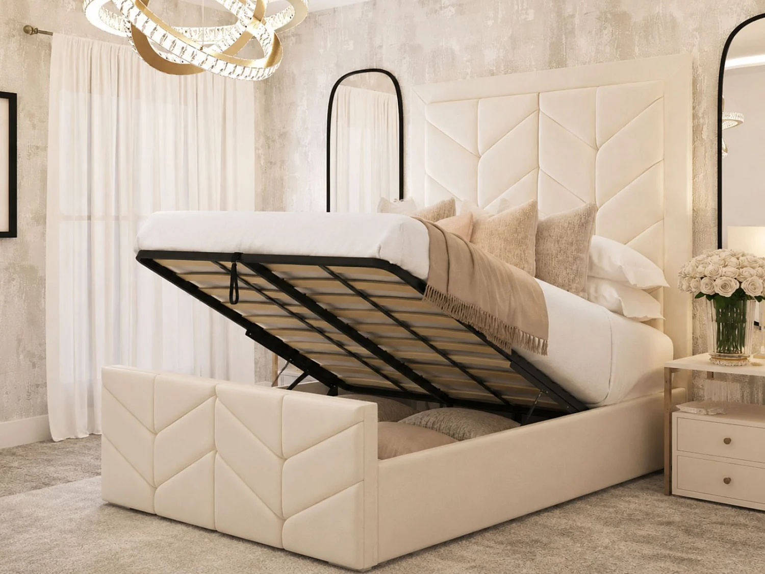 Sydney Premium Bed Frame with Ottoman Gas Lift Storage (Mattress Not Included) (Cream) - 135 x 190 cm