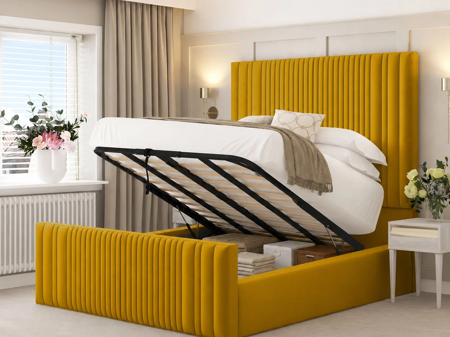 Aspire Upholstered Bed Frame Ottoman Gas Lift Storage with 70" Headboard (Mustard) - 135 x 190 cm