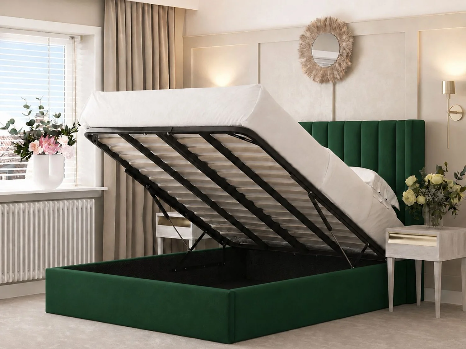 Madison Upholstered Bed Frame with 54" Metal Ottoman Gas Lift (Green) - 120 x 190 cm