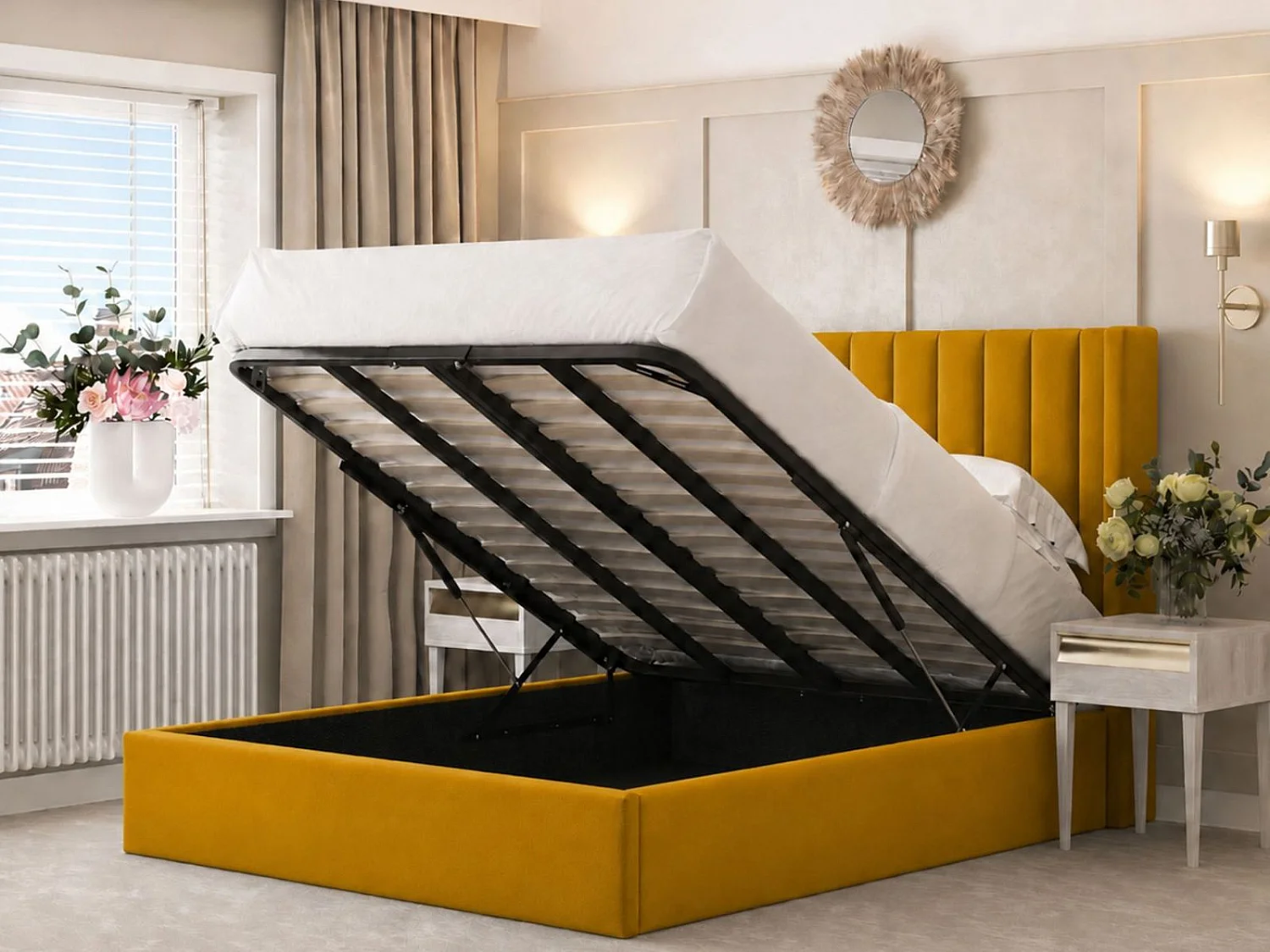 Madison Upholstered Bed Frame with 54" Metal Ottoman Gas Lift (Mustard) - 120 x 190 cm