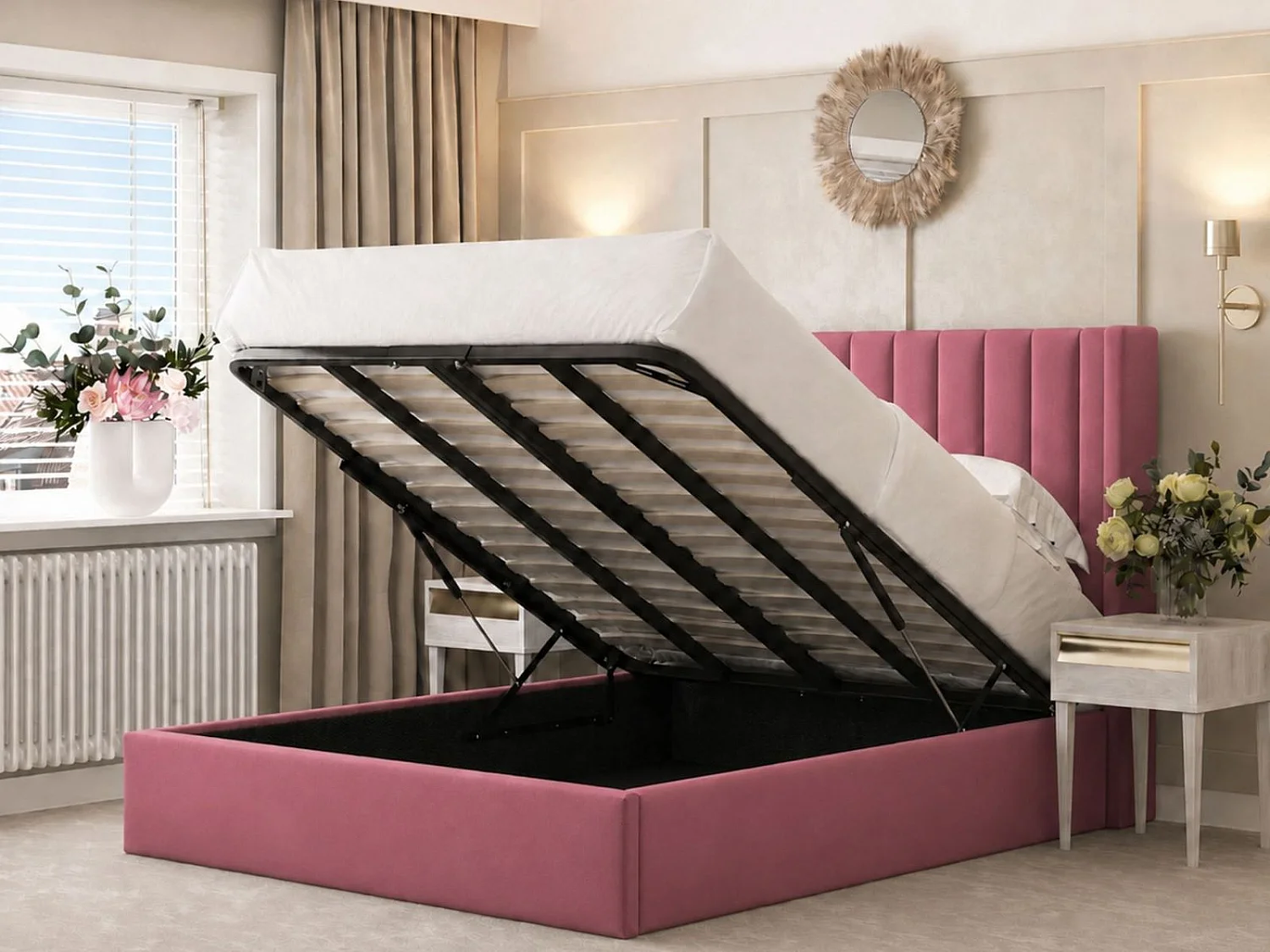 Madison Upholstered Bed Frame with 54" Metal Ottoman Gas Lift (Pink) - 135 x 190 cm