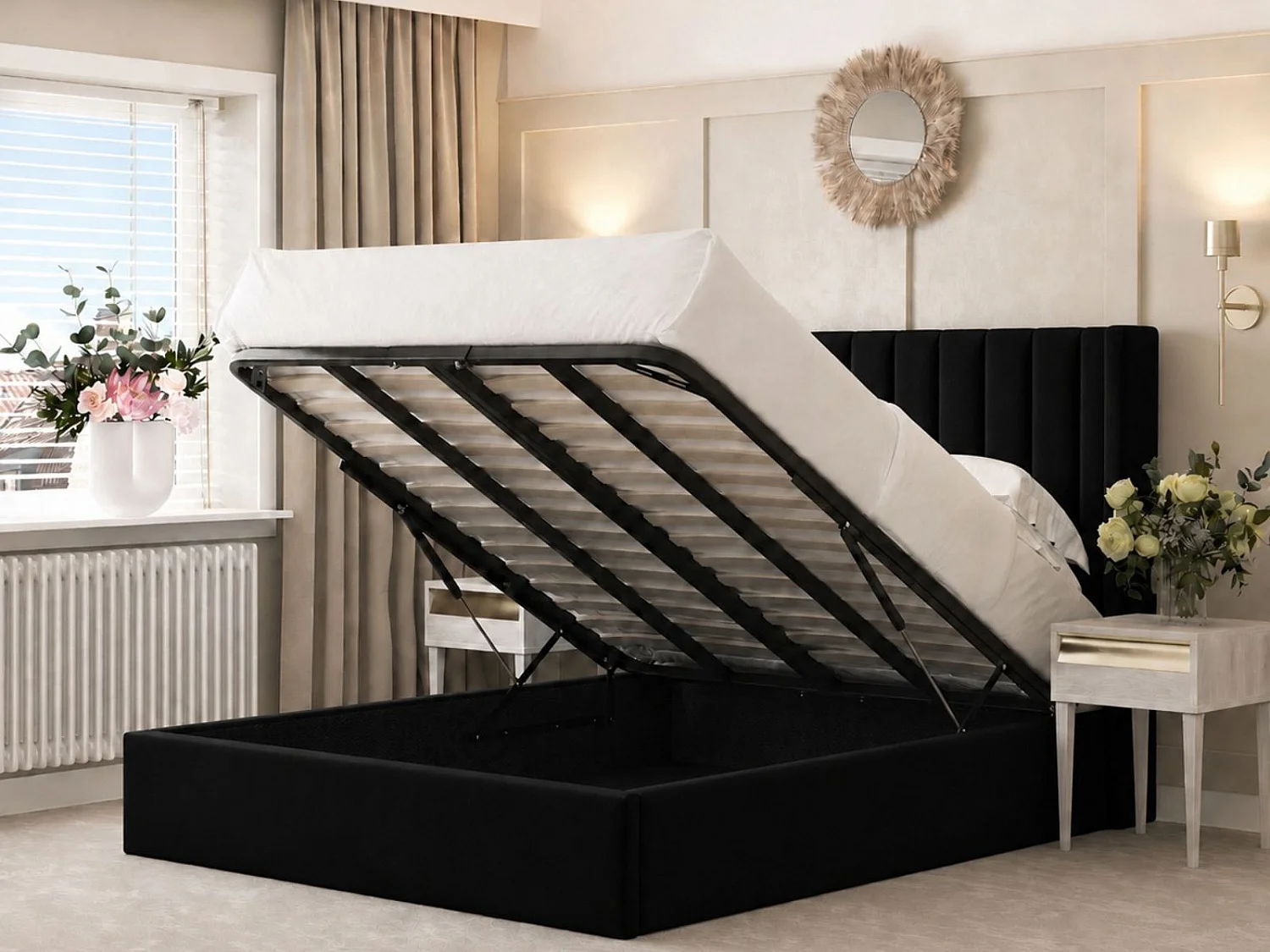 Madison Upholstered Bed Frame with 54" Metal Ottoman Gas Lift (Black) - 135 x 190 cm