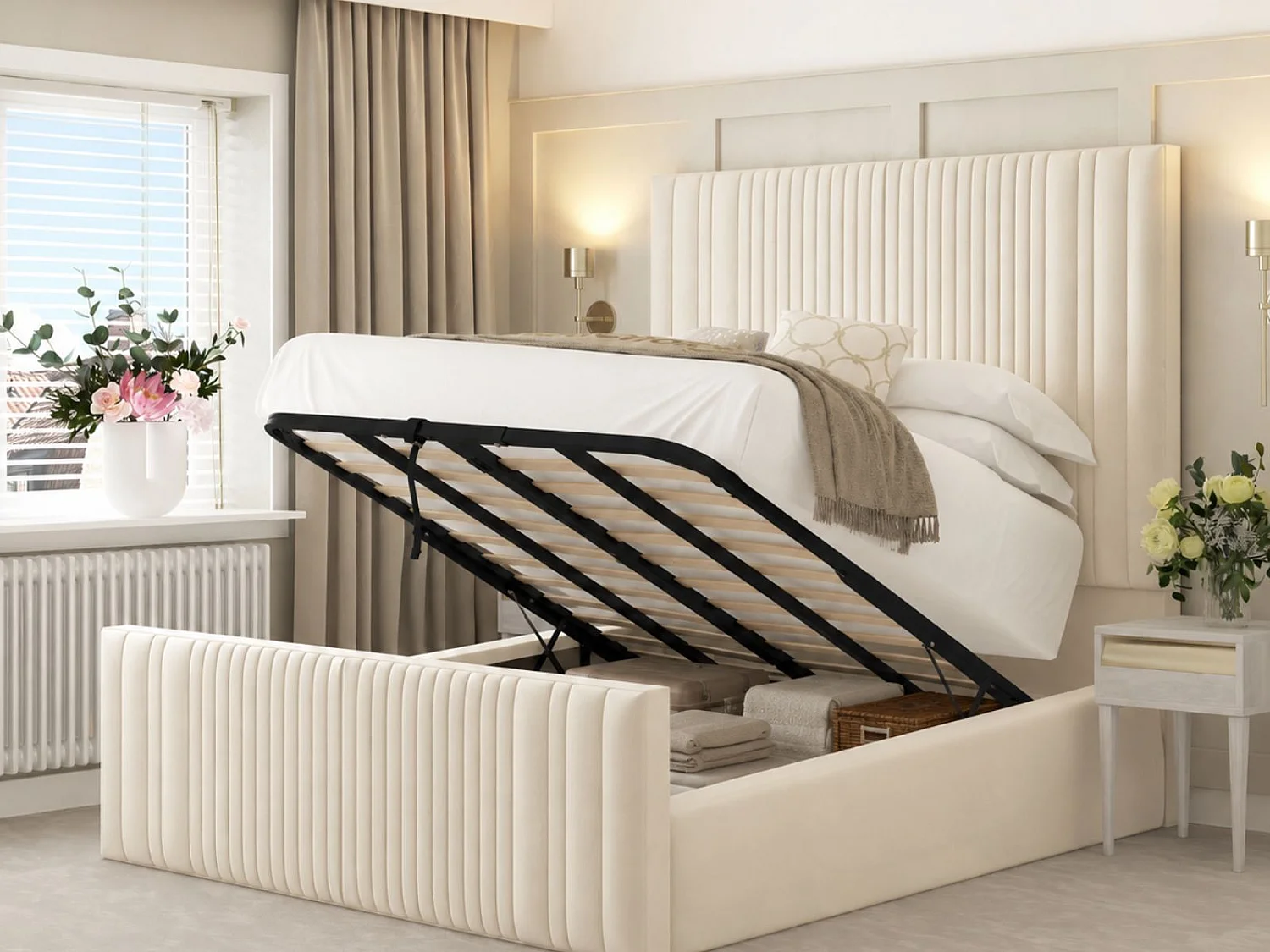 Aspire Upholstered Bed Frame Ottoman Gas Lift Storage with 70" Headboard (Cream) - 180 x 200 cm