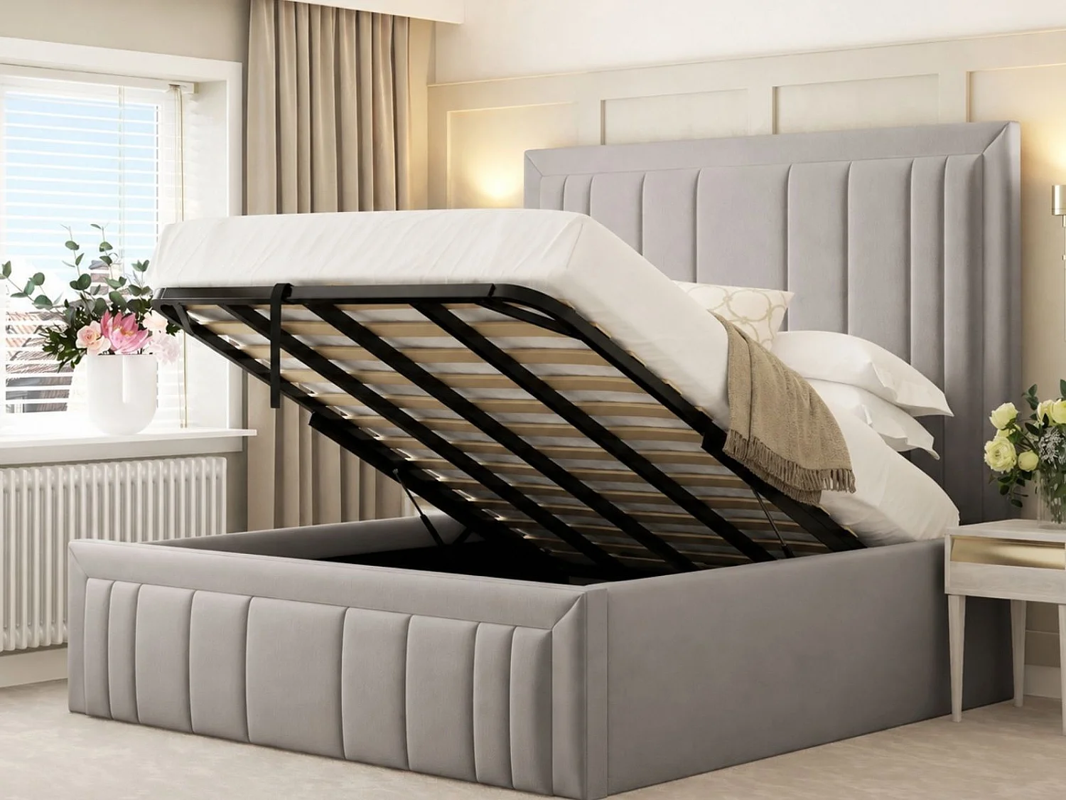 Emperor Upholstered Bed Frame with 54" Headboard & Ottoman Storage (Mattress not included) (Light Grey) - 180 x 200 cm