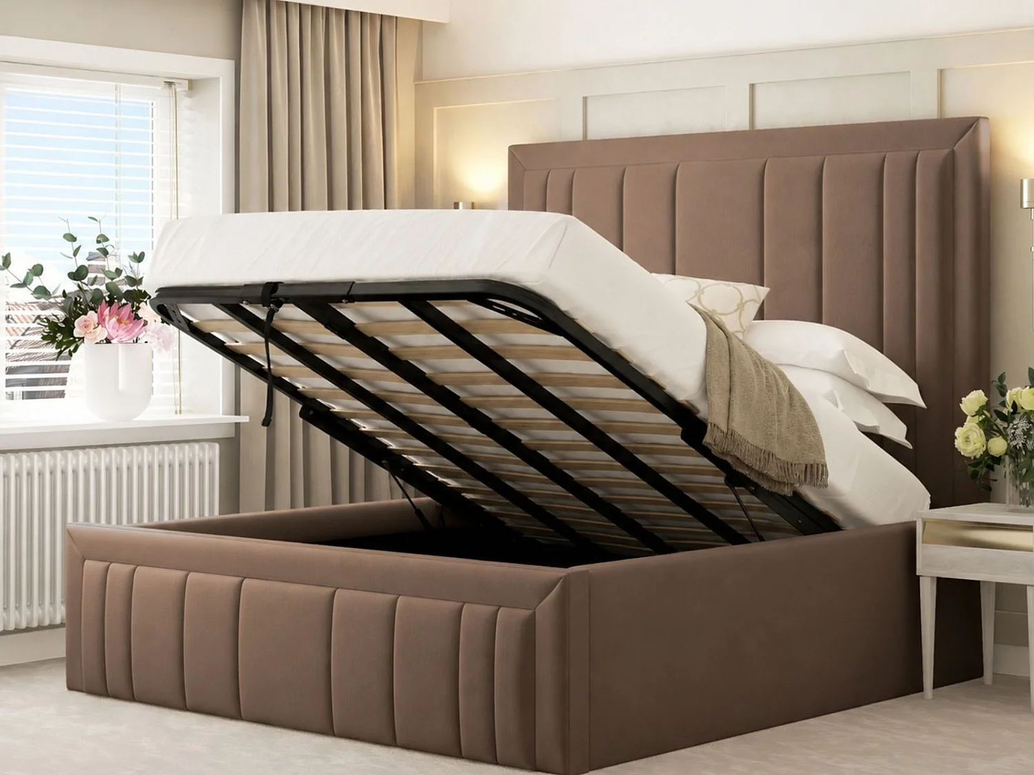Emperor Upholstered Bed Frame with 54" Headboard & Ottoman Storage (Mattress not included) (Taupe) - 135 x 190 cm