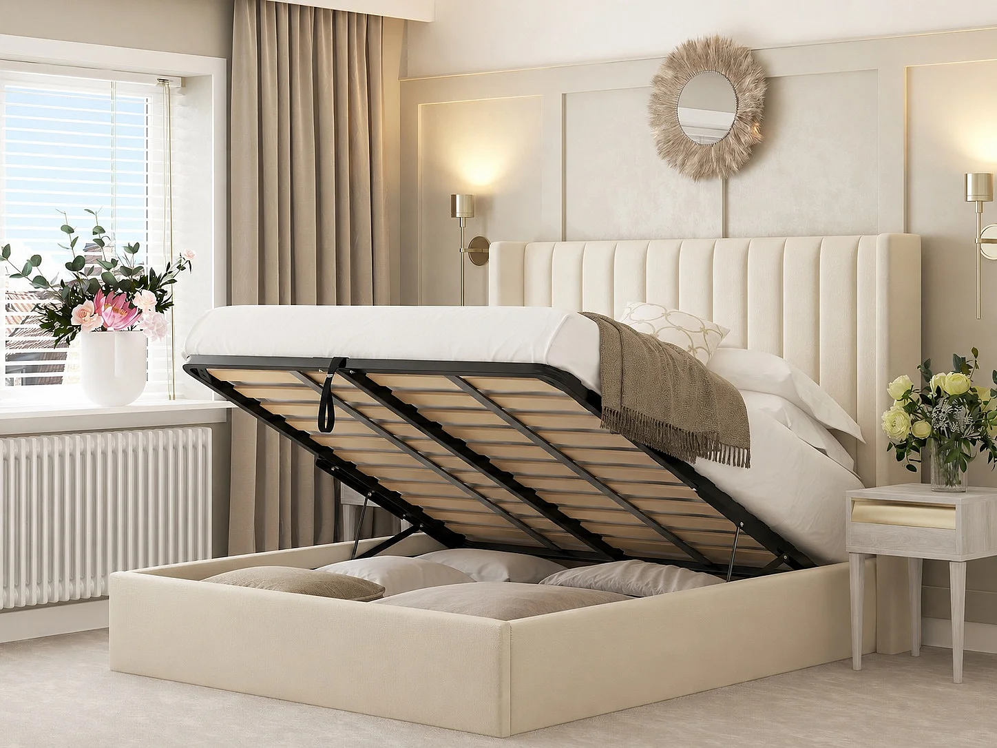 Madison Upholstered Bed Frame with 54" Metal Ottoman Gas Lift (Cream) - 135 x 190 cm