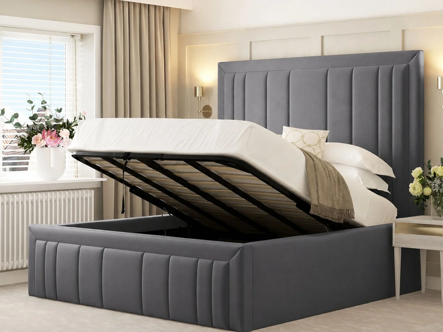 Emperor Upholstered Bed Frame with 54" Headboard & Ottoman Storage (Mattress not included) (Grey) - 180 x 200 cm