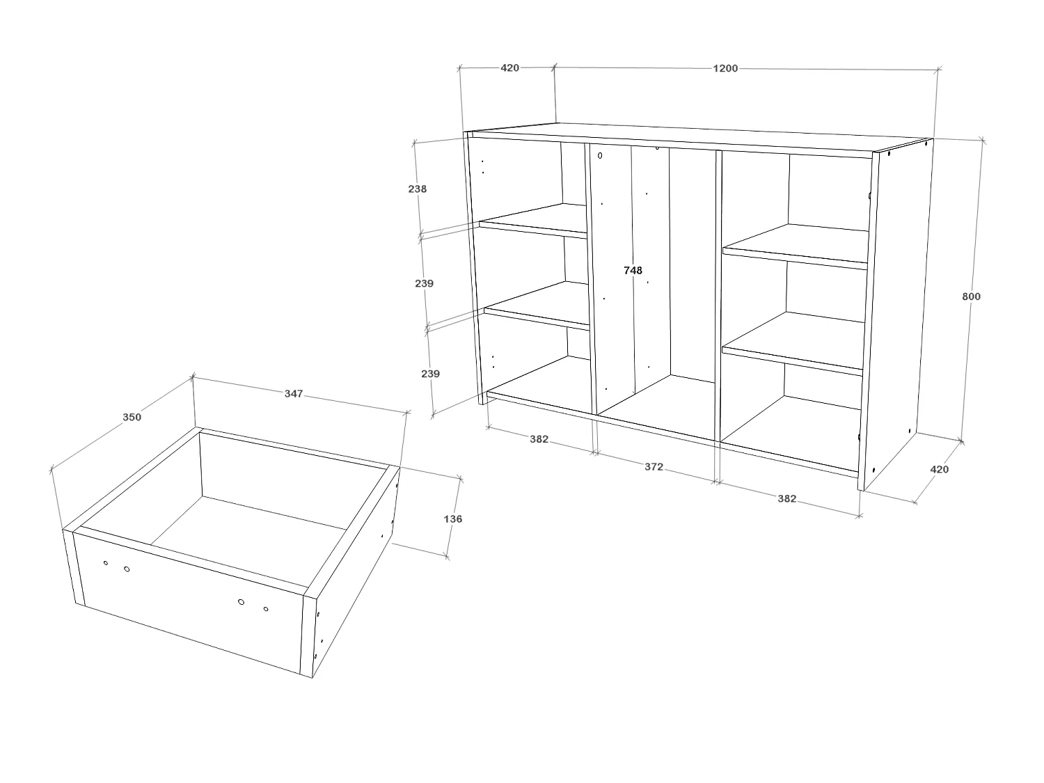 Cômoda haaus Malmo, 3 gavetas, 2 portas, carvalho branco/antracite, 120 x 42 x 80 cm