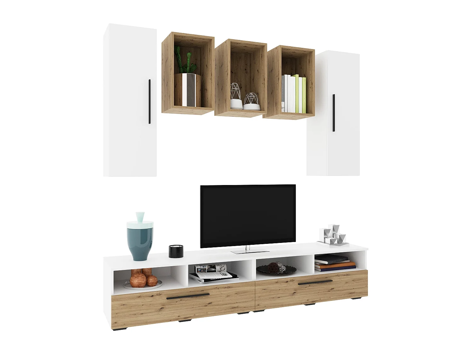 Conjunto sala haaus Kos V 9, 7 peças, móveis TV, armários suspensos, prateleiras, Branco/Carvalho Artisan, L 190 cm