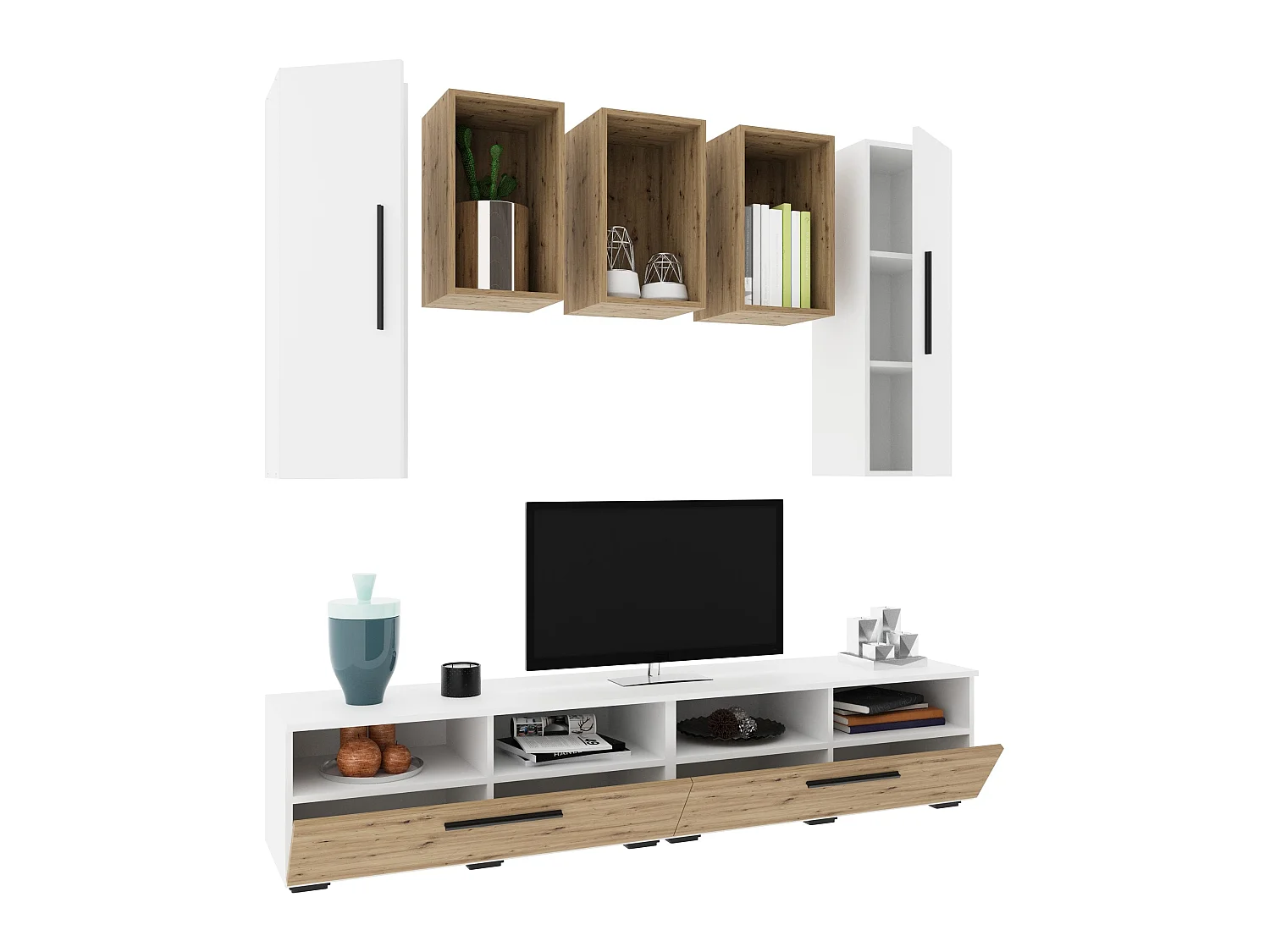 Conjunto sala haaus Kos V 9, 7 peças, móveis TV, armários suspensos, prateleiras, Branco/Carvalho Artisan, L 190 cm