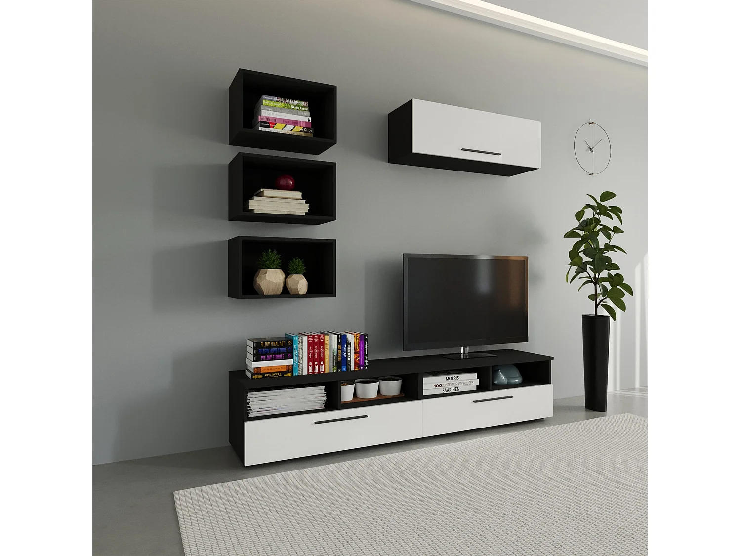Set 6 pièces living haaus Kos V 17, meubles TV, armoires suspendues, étagères, Noir/Blanc Brillant, MDF, L 190 cm