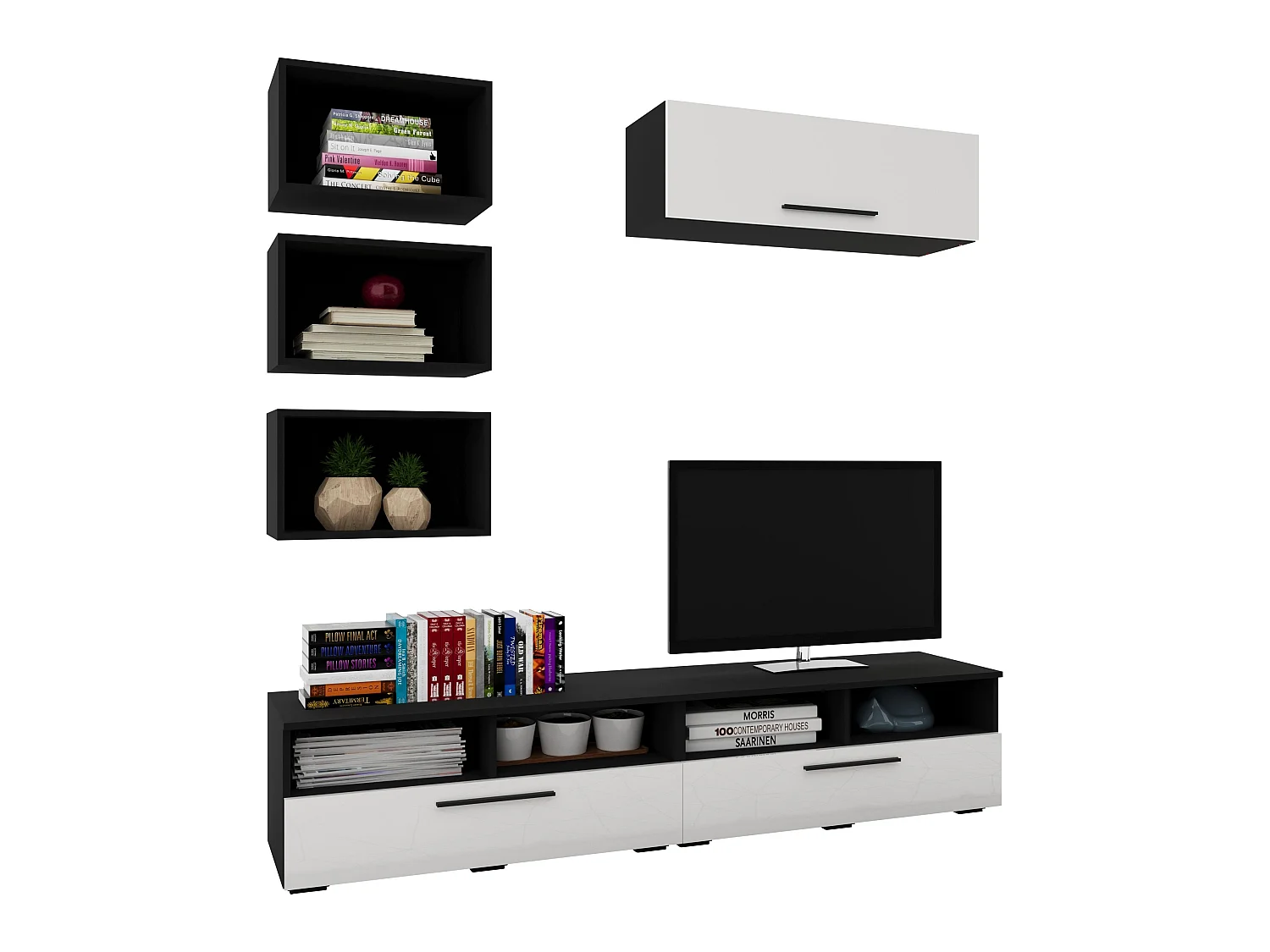 Set 6 pièces living haaus Kos V 17, meubles TV, armoires suspendues, étagères, Noir/Blanc Brillant, MDF, L 190 cm