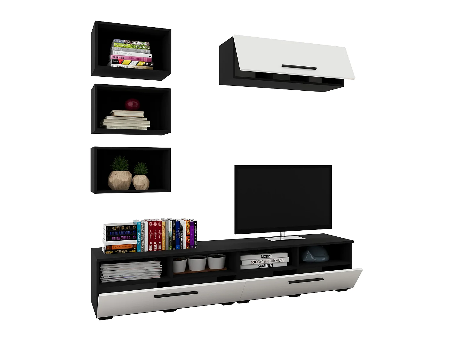 Set 6 pièces living haaus Kos V 17, meubles TV, armoires suspendues, étagères, Noir/Blanc Brillant, MDF, L 190 cm