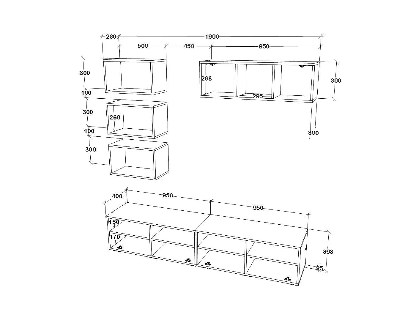 Set 6 pièces living haaus Kos V 17, meubles TV, armoires suspendues, étagères, Noir/Blanc Brillant, MDF, L 190 cm