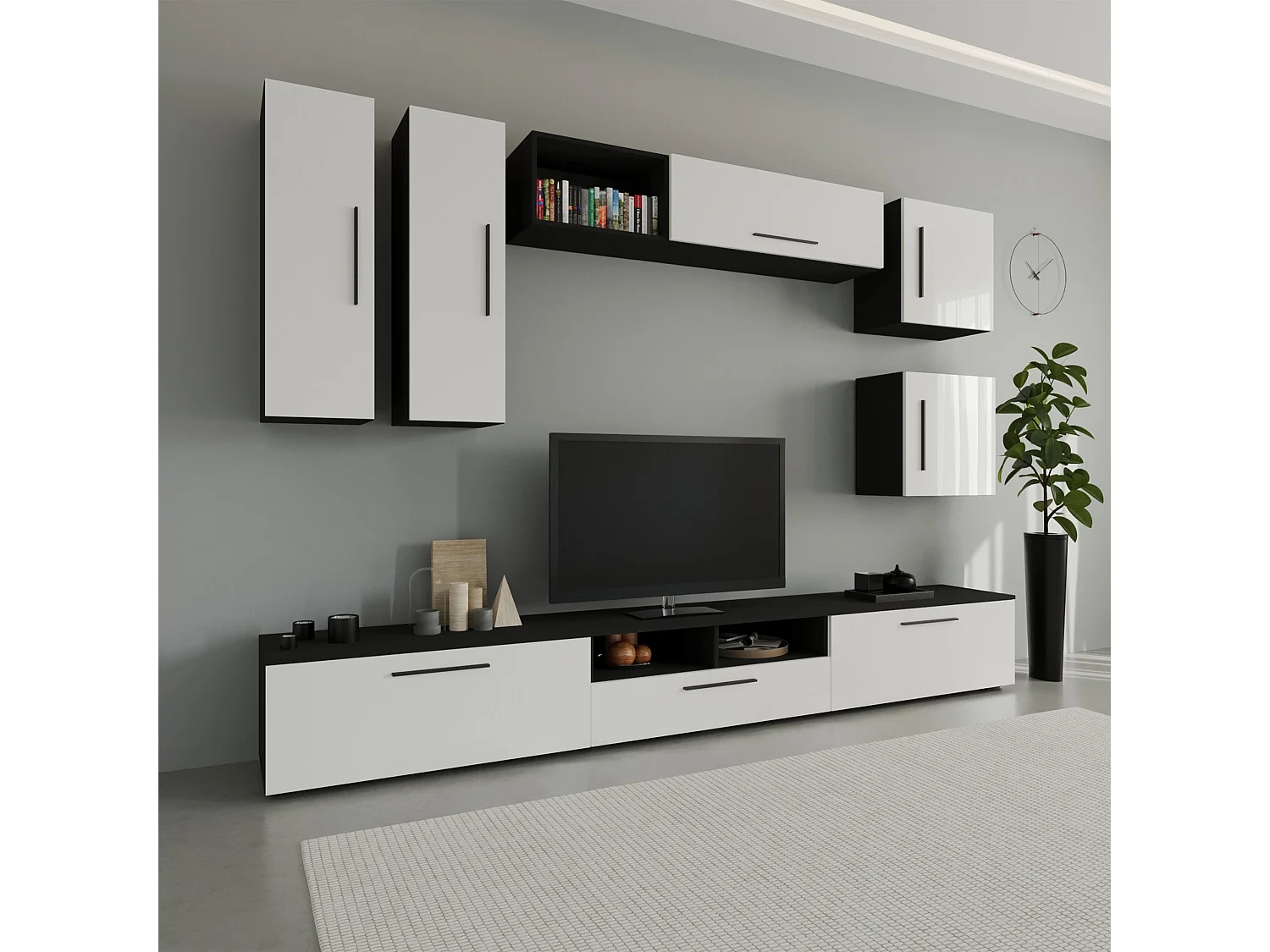 Set 9 pièces living haaus Kos V 1, meubles TV, armoires suspendues, étagères, étagères avec portes, Noir/Blanc Brillant, MDF, L 285 cm