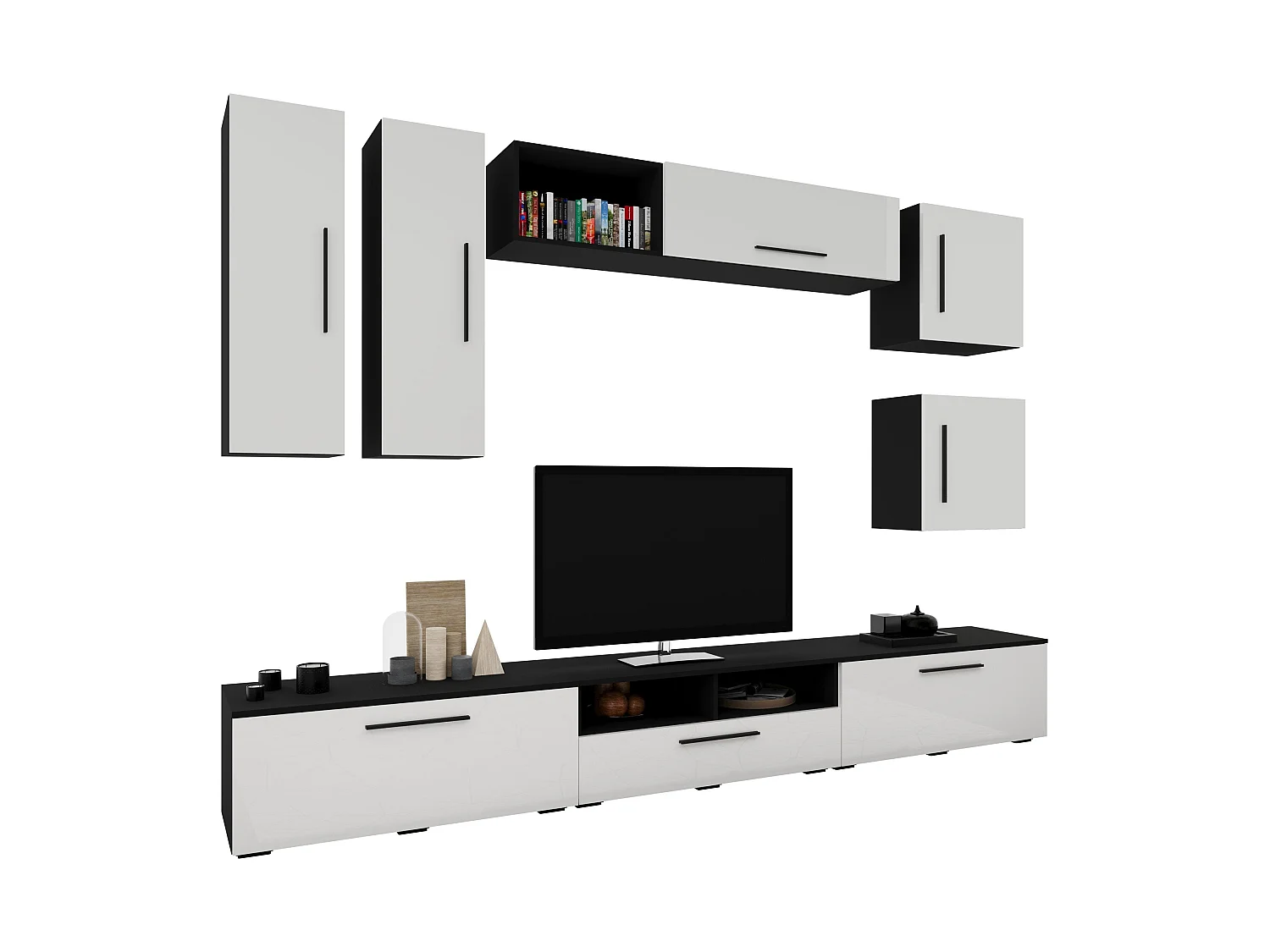 Set 9 pièces living haaus Kos V 1, meubles TV, armoires suspendues, étagères, étagères avec portes, Noir/Blanc Brillant, MDF, L 285 cm