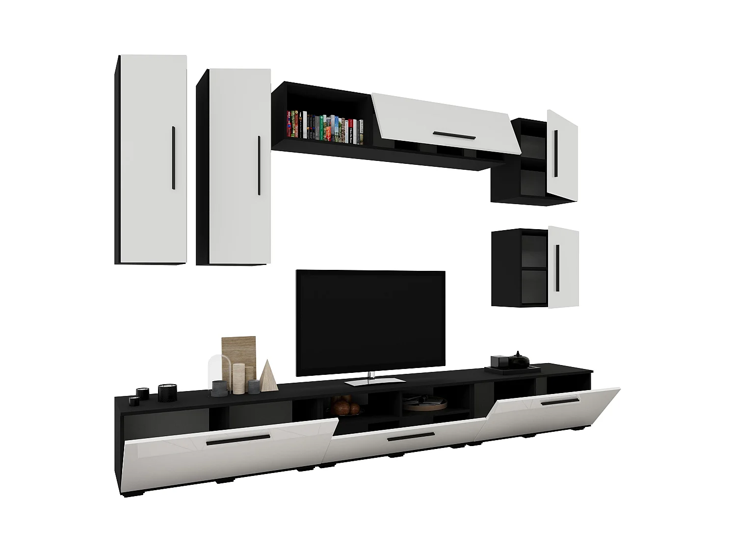 Set 9 pièces living haaus Kos V 1, meubles TV, armoires suspendues, étagères, étagères avec portes, Noir/Blanc Brillant, MDF, L 285 cm