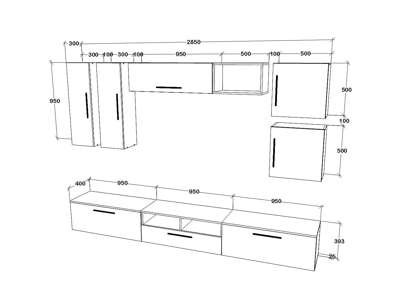 Set 9 pièces living haaus Kos V 1, meubles TV, armoires suspendues, étagères, étagères avec portes, Noir/Blanc Brillant, MDF, L 285 cm