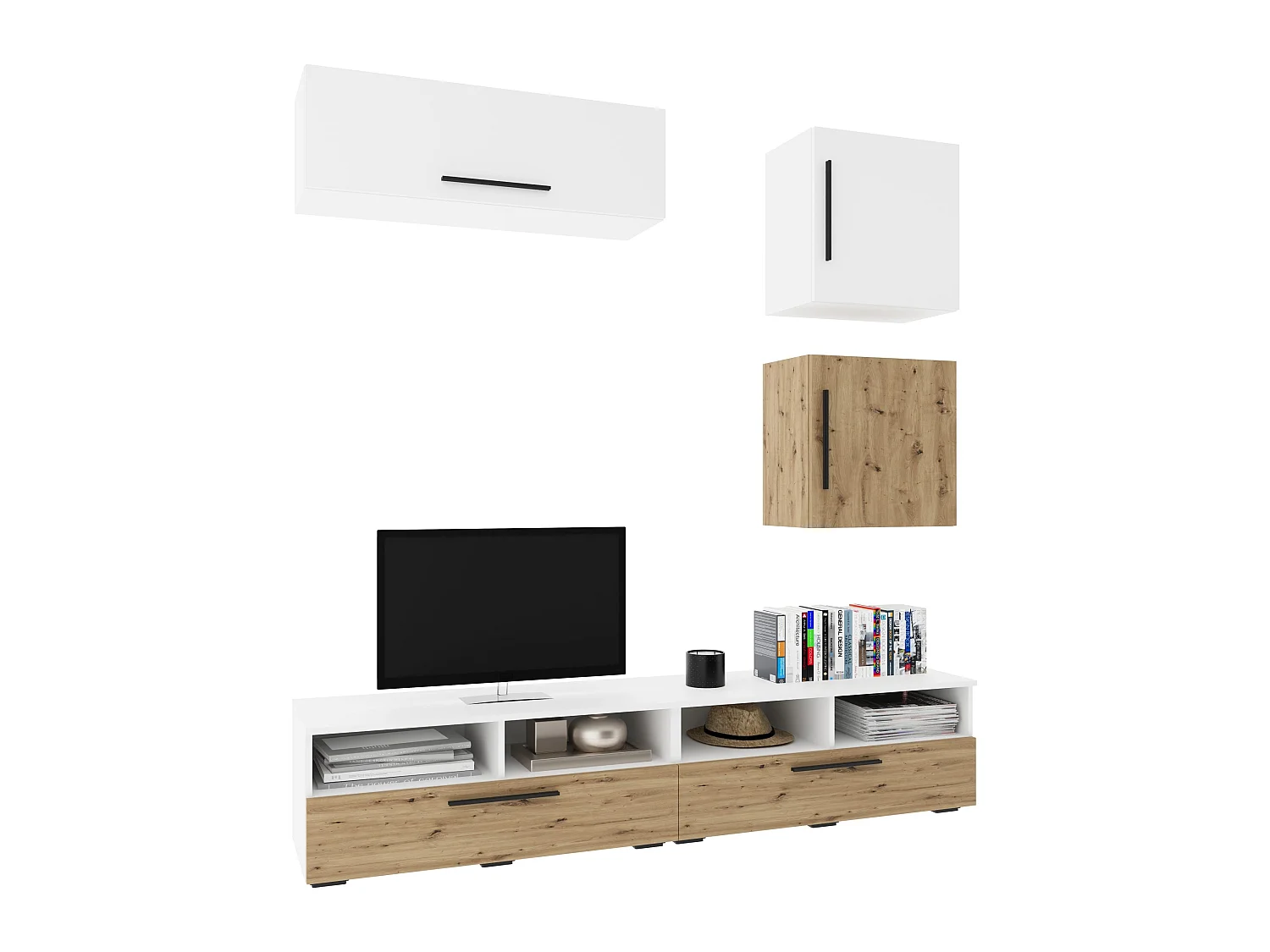 Conjunto sala haaus Kos V 15, 5 peças, móveis TV, armários suspensos, prateleiras com portas, Branco/Carvalho Artisan, L 190 cm