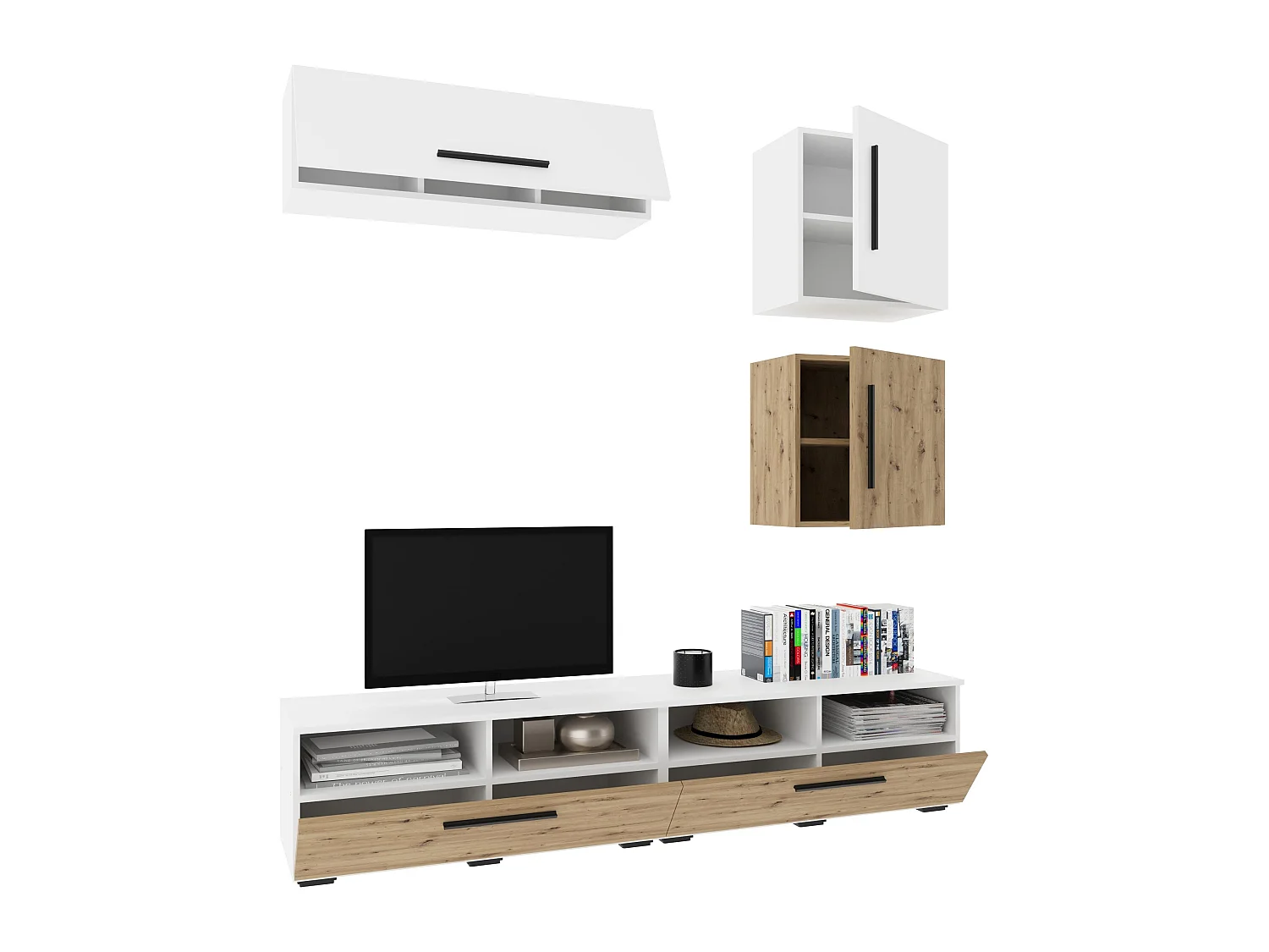 Conjunto sala haaus Kos V 15, 5 peças, móveis TV, armários suspensos, prateleiras com portas, Branco/Carvalho Artisan, L 190 cm