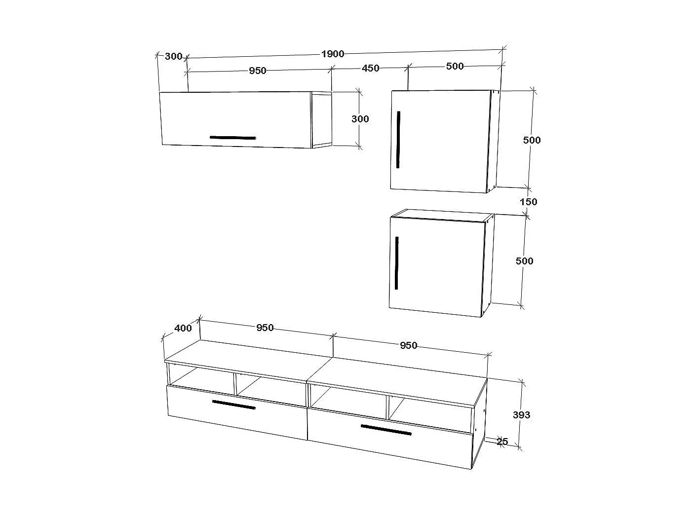 Conjunto sala haaus Kos V 15, 5 peças, móveis TV, armários suspensos, prateleiras com portas, Branco/Carvalho Artisan, L 190 cm