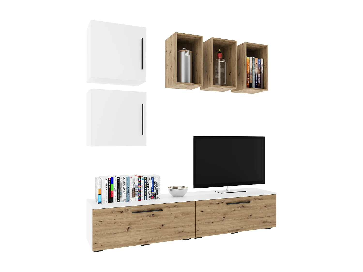 Conjunto sala haaus Kos V 8, 7 peças, móveis TV, prateleiras, prateleiras com portas, Branco/Carvalho Artisan, L 190 cm