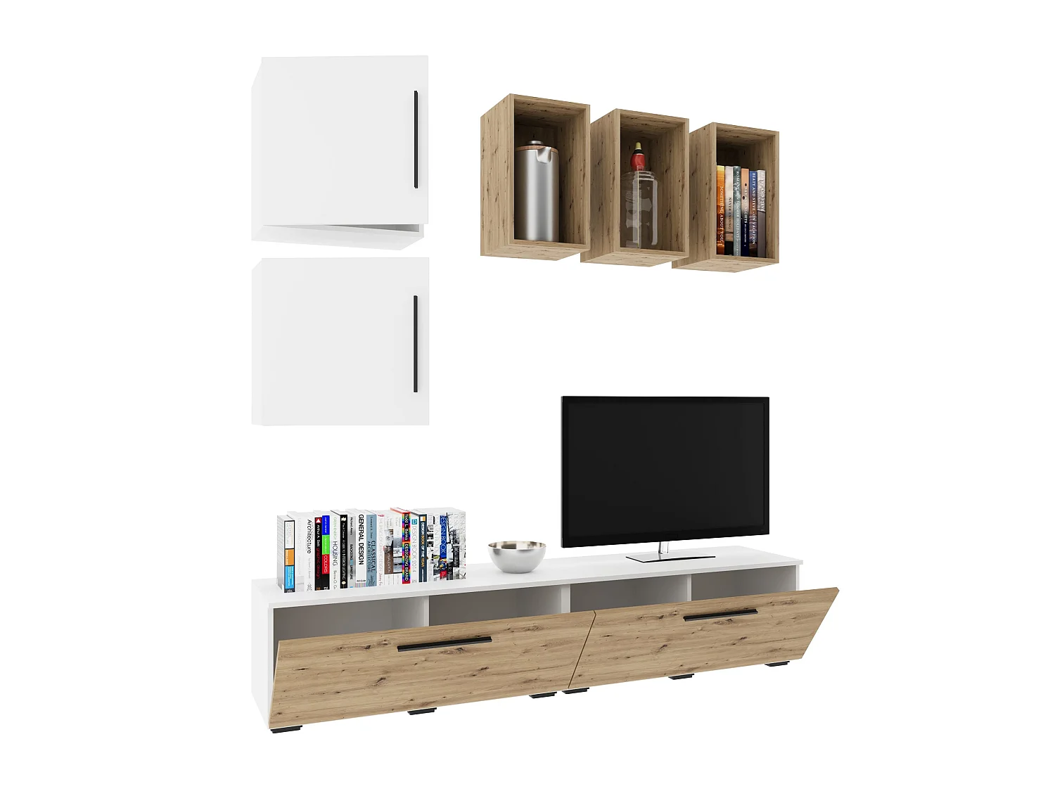 Conjunto sala haaus Kos V 8, 7 peças, móveis TV, prateleiras, prateleiras com portas, Branco/Carvalho Artisan, L 190 cm