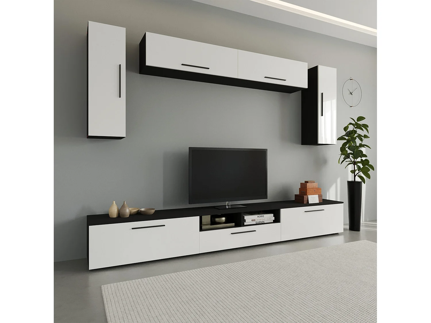 Set 7 pièces living haaus Kos V 6, meubles TV, armoires suspendues, Noir/Blanc Brillant, MDF, L 285 cm