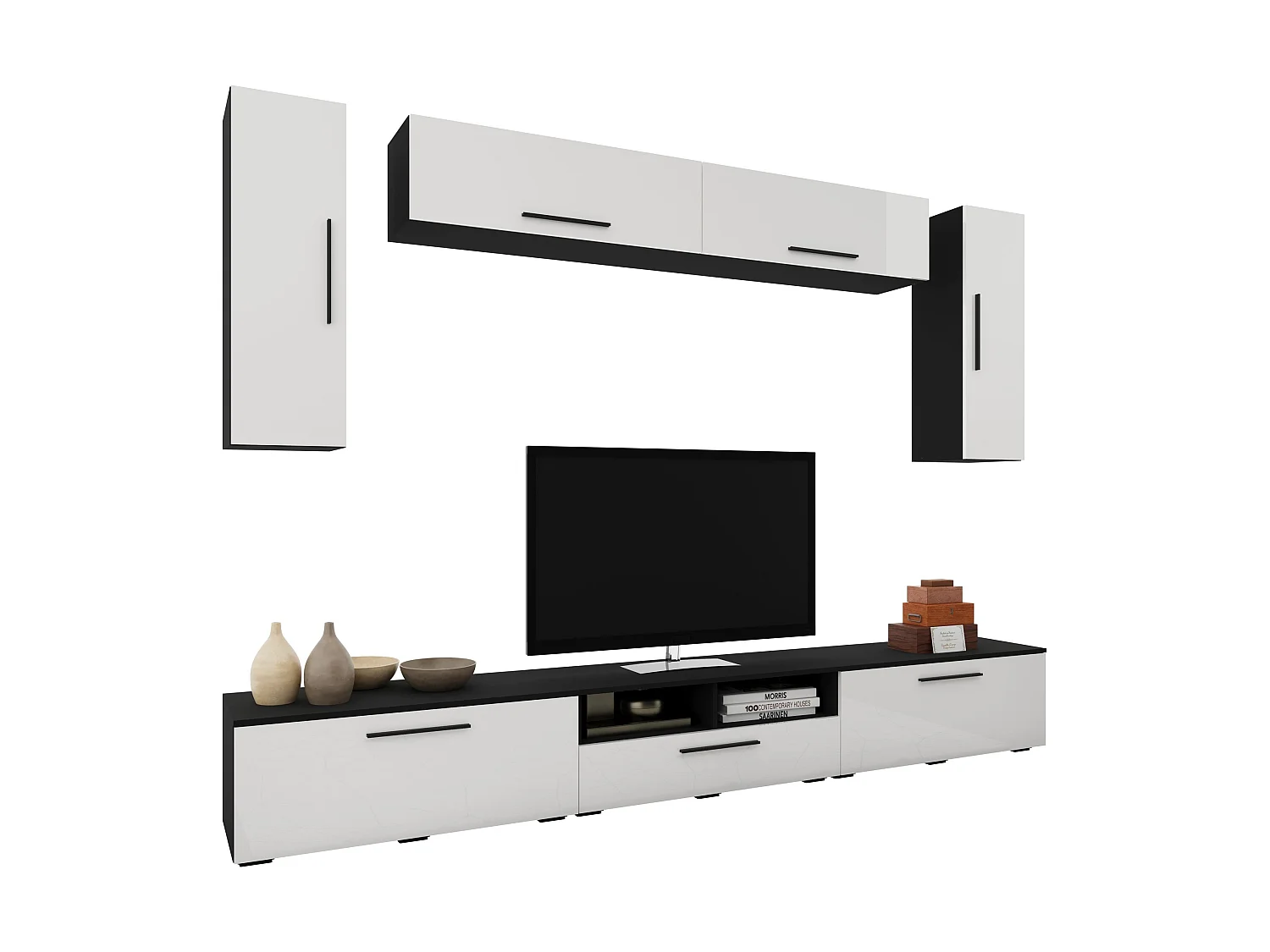 Set 7 pièces living haaus Kos V 6, meubles TV, armoires suspendues, Noir/Blanc Brillant, MDF, L 285 cm