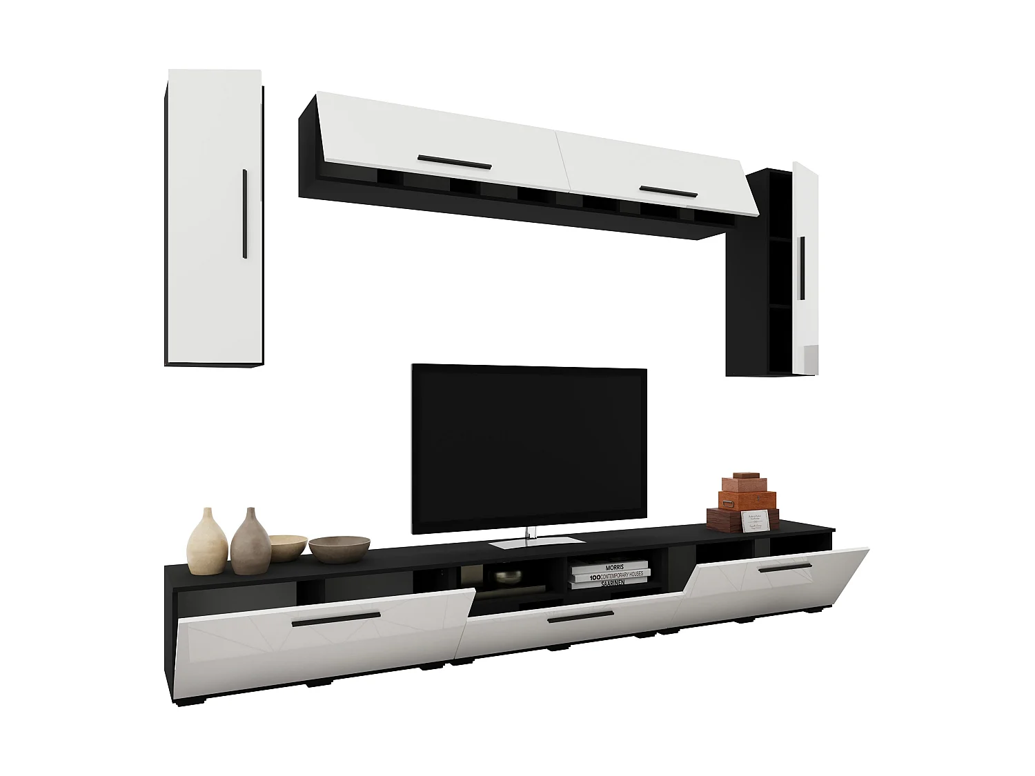 Set 7 pièces living haaus Kos V 6, meubles TV, armoires suspendues, Noir/Blanc Brillant, MDF, L 285 cm