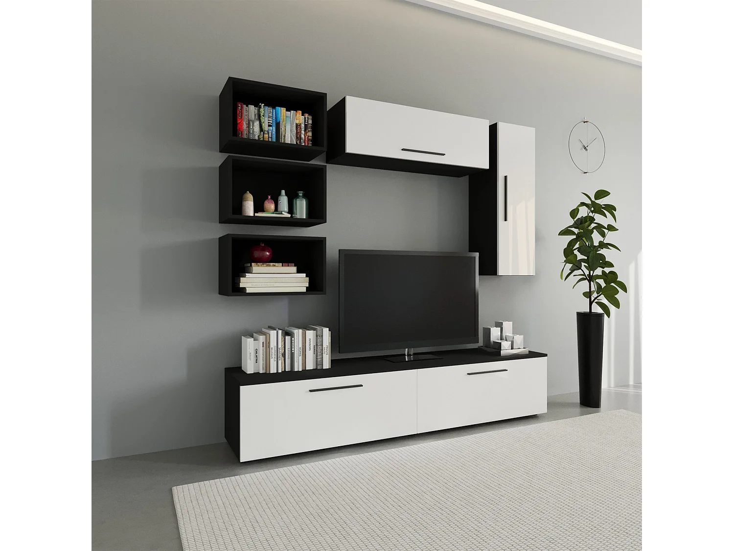 Set 7 pièces living haaus Kos V 14, meubles TV, armoires suspendues, étagères, Noir/Blanc Brillant, MDF, L 190 cm