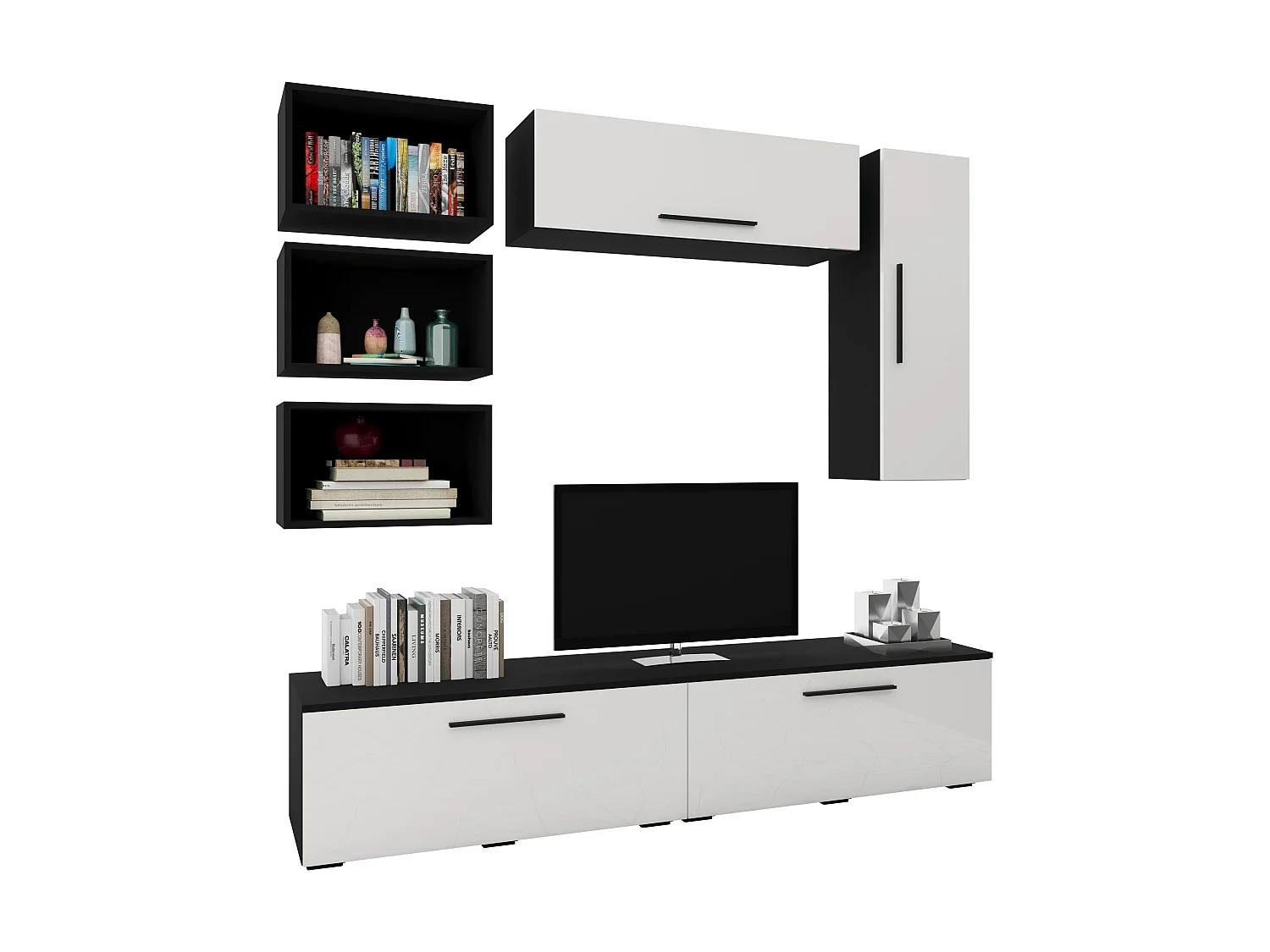 Set 7 pièces living haaus Kos V 14, meubles TV, armoires suspendues, étagères, Noir/Blanc Brillant, MDF, L 190 cm