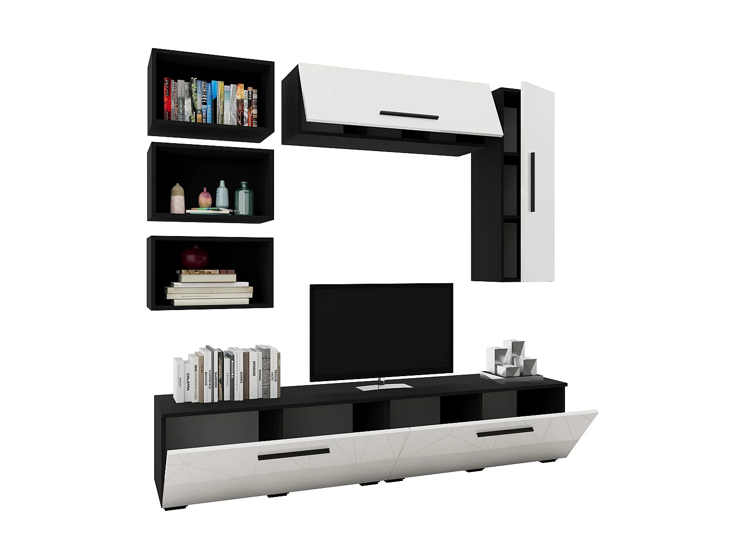 Set 7 pièces living haaus Kos V 14, meubles TV, armoires suspendues, étagères, Noir/Blanc Brillant, MDF, L 190 cm
