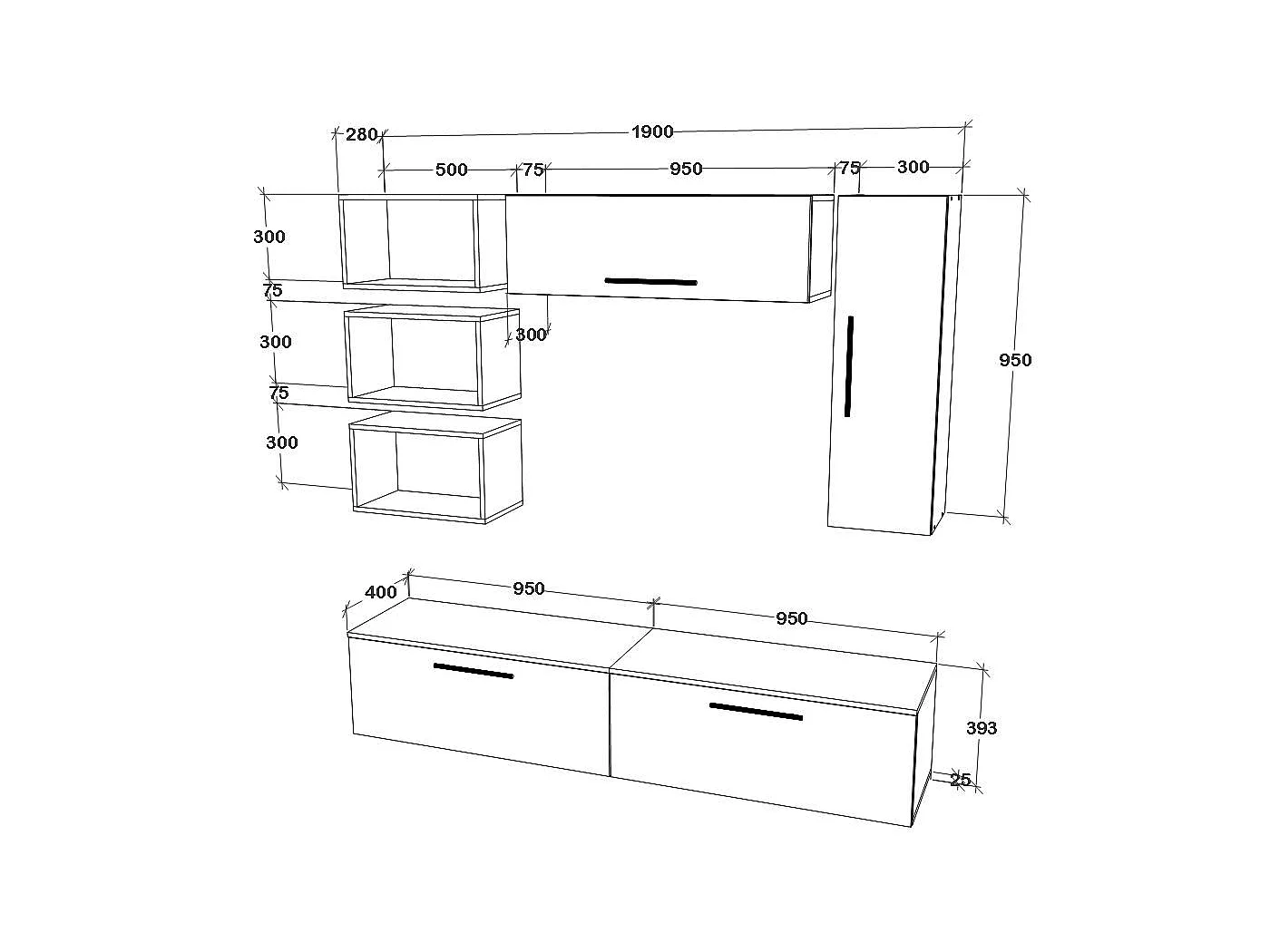 Set 7 pièces living haaus Kos V 14, meubles TV, armoires suspendues, étagères, Noir/Blanc Brillant, MDF, L 190 cm