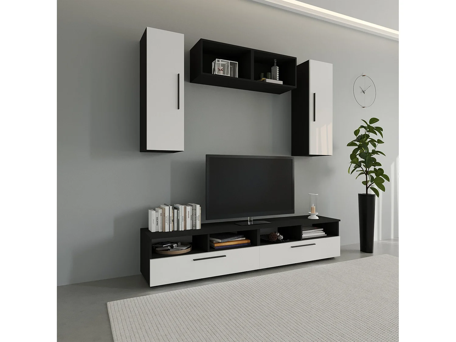 Set 6 pièces living haaus Kos V 16, meubles TV, armoires suspendues, étagères, Noir/Blanc Brillant, MDF, L 190 cm