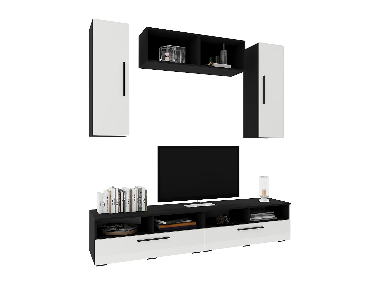 Set 6 pièces living haaus Kos V 16, meubles TV, armoires suspendues, étagères, Noir/Blanc Brillant, MDF, L 190 cm