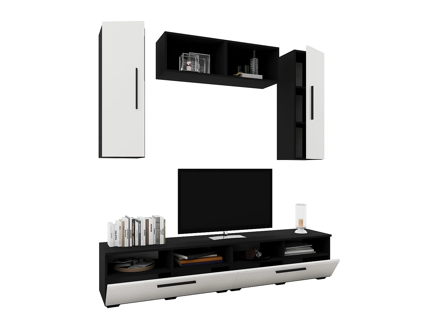 Set 6 pièces living haaus Kos V 16, meubles TV, armoires suspendues, étagères, Noir/Blanc Brillant, MDF, L 190 cm